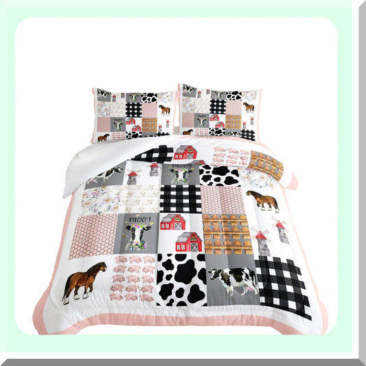 Farmhouse Animal Print Queen Comforter Set - Western Country Style Room Decor - Cute Cartoon Pig Cow Horse - Pink White Grid Comforter - Aesthetic Bedroom Decor