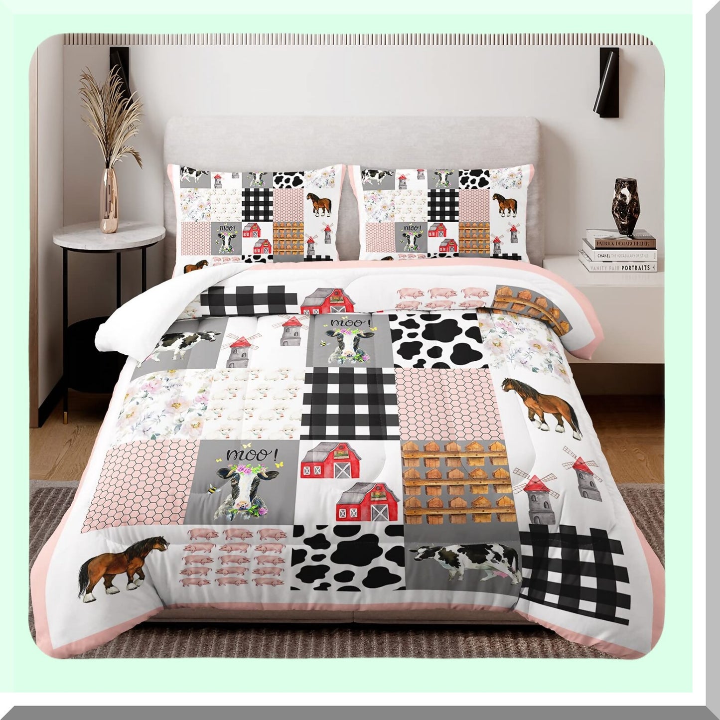Farmhouse Animal Print Queen Comforter Set - Western Country Style Room Decor - Cute Cartoon Pig Cow Horse - Pink White Grid Comforter - Aesthetic Bedroom Decor