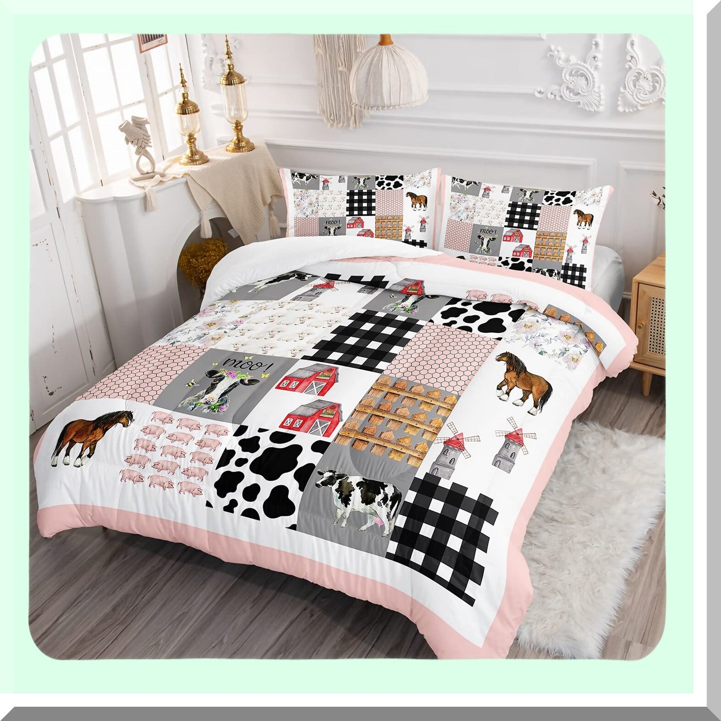Farmhouse Animal Print Queen Comforter Set - Western Country Style Room Decor - Cute Cartoon Pig Cow Horse - Pink White Grid Comforter - Aesthetic Bedroom Decor