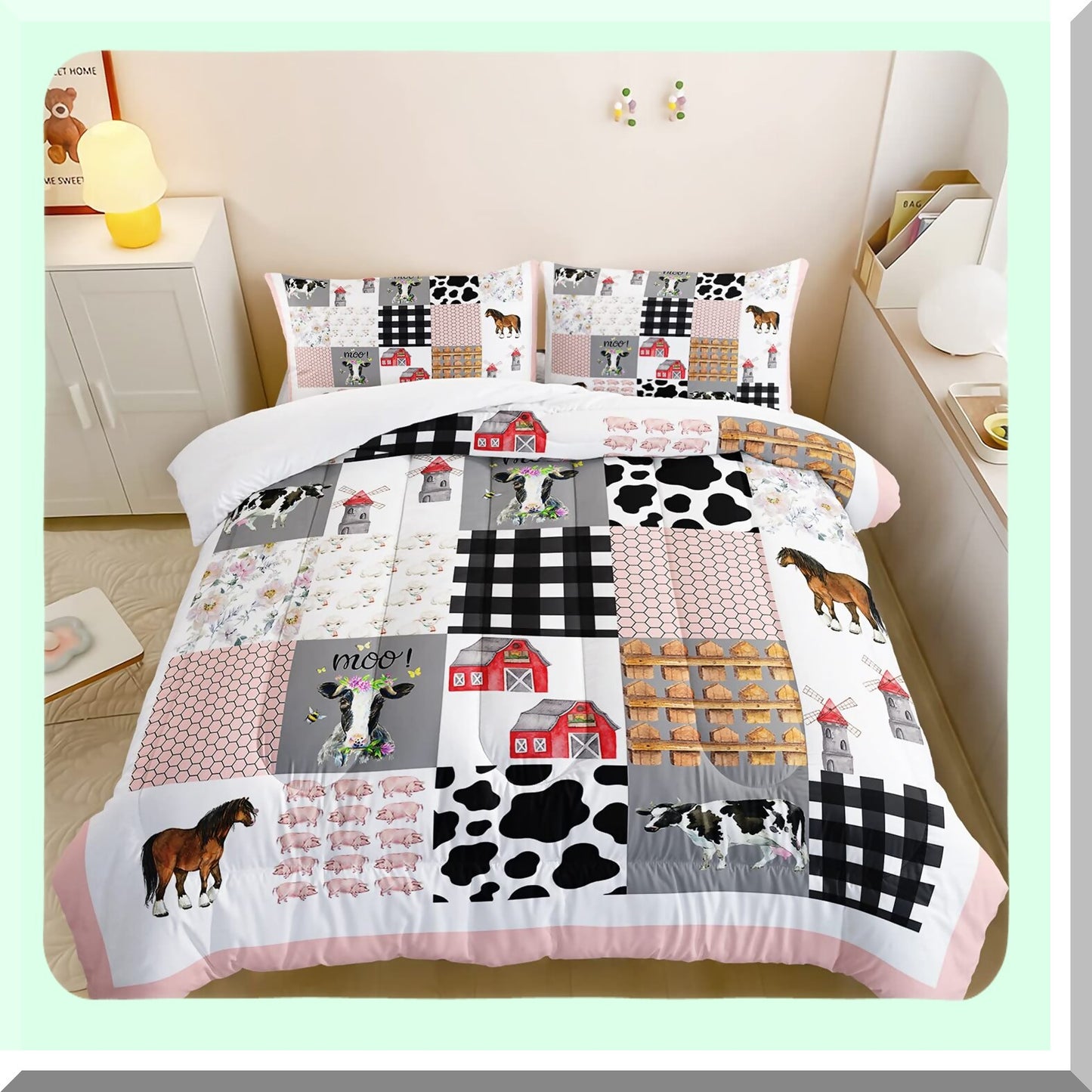 Farmhouse Animal Print Queen Comforter Set - Western Country Style Room Decor - Cute Cartoon Pig Cow Horse - Pink White Grid Comforter - Aesthetic Bedroom Decor