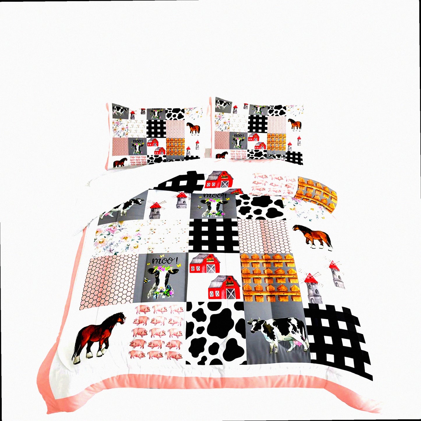 Farmhouse Animal Print Queen Comforter Set - Western Country Style Room Decor - Cute Cartoon Pig Cow Horse - Pink White Grid Comforter - Aesthetic Bedroom Decor