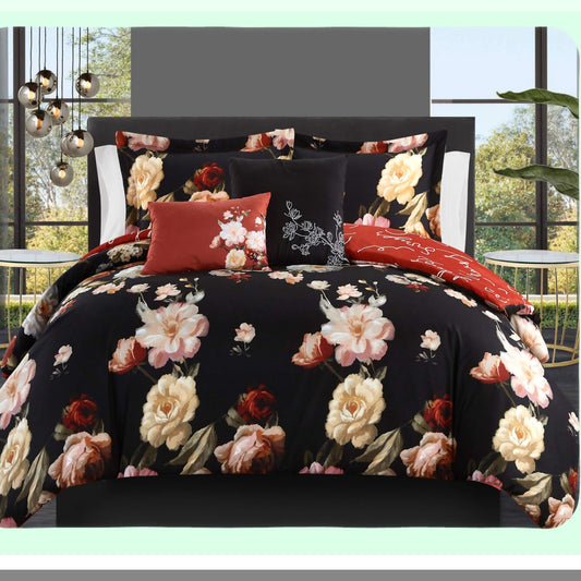 Floral Script Reversible Comforter Set - Enid 5 Piece Bedding with Decorative Pillows & Shams in Black - BCS16522-AN