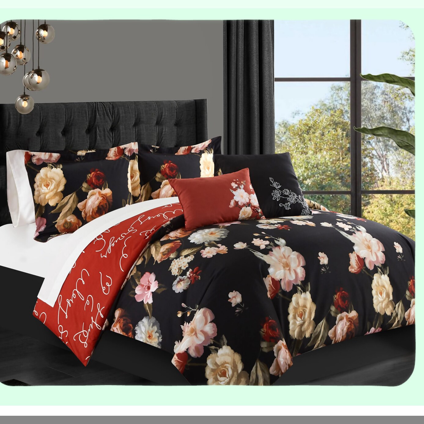 Floral Script Reversible Comforter Set - Enid 5 Piece Bedding with Decorative Pillows & Shams in Black - BCS16522-AN
