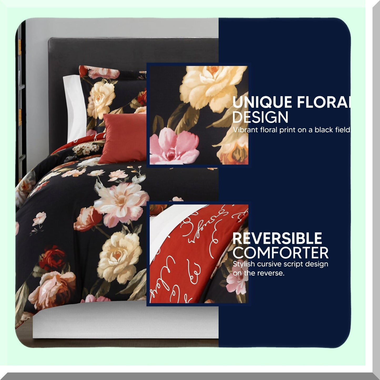 Floral Script Reversible Comforter Set - Enid 5 Piece Bedding with Decorative Pillows & Shams in Black - BCS16522-AN