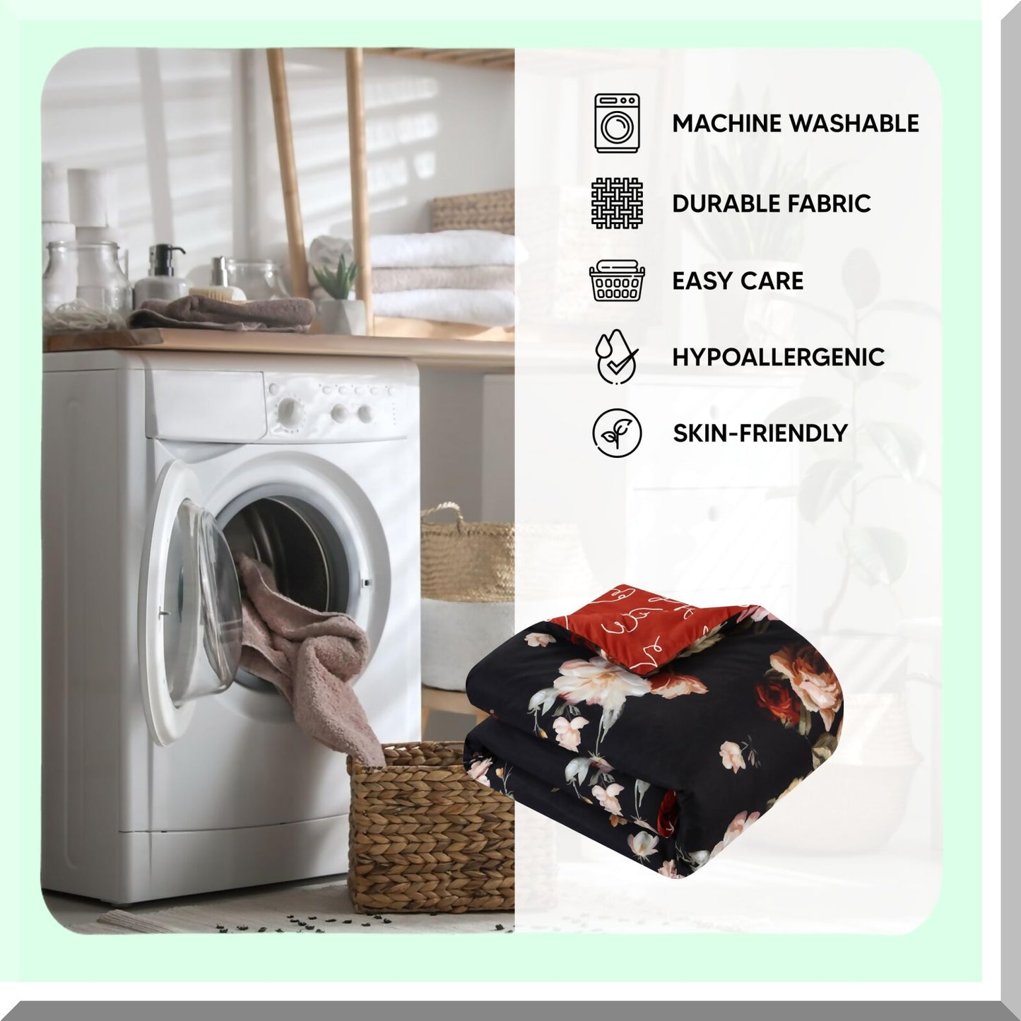 Floral Script Reversible Comforter Set - Enid 5 Piece Bedding with Decorative Pillows & Shams in Black - BCS16522-AN