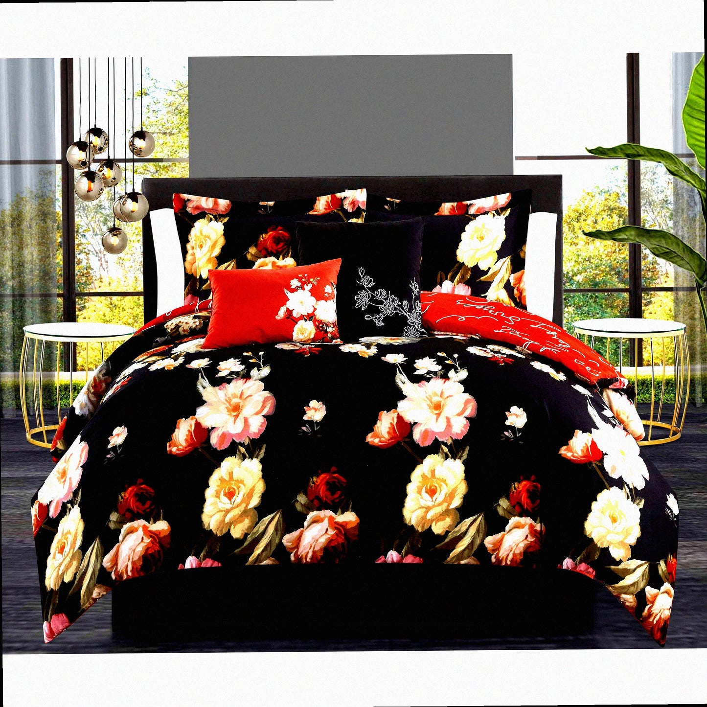 Floral Script Reversible Comforter Set - Enid 5 Piece Bedding with Decorative Pillows & Shams in Black - BCS16522-AN