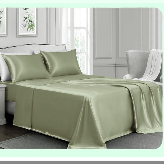 Luxury Silky Sage Green Bed Sheet Set - Wrinkle-Free Full Size 4-Piece Silk Sheets with Deep Pocket Fitted Sheet, Flat Sheet, Pillow Cases - Soft Silk Bedding