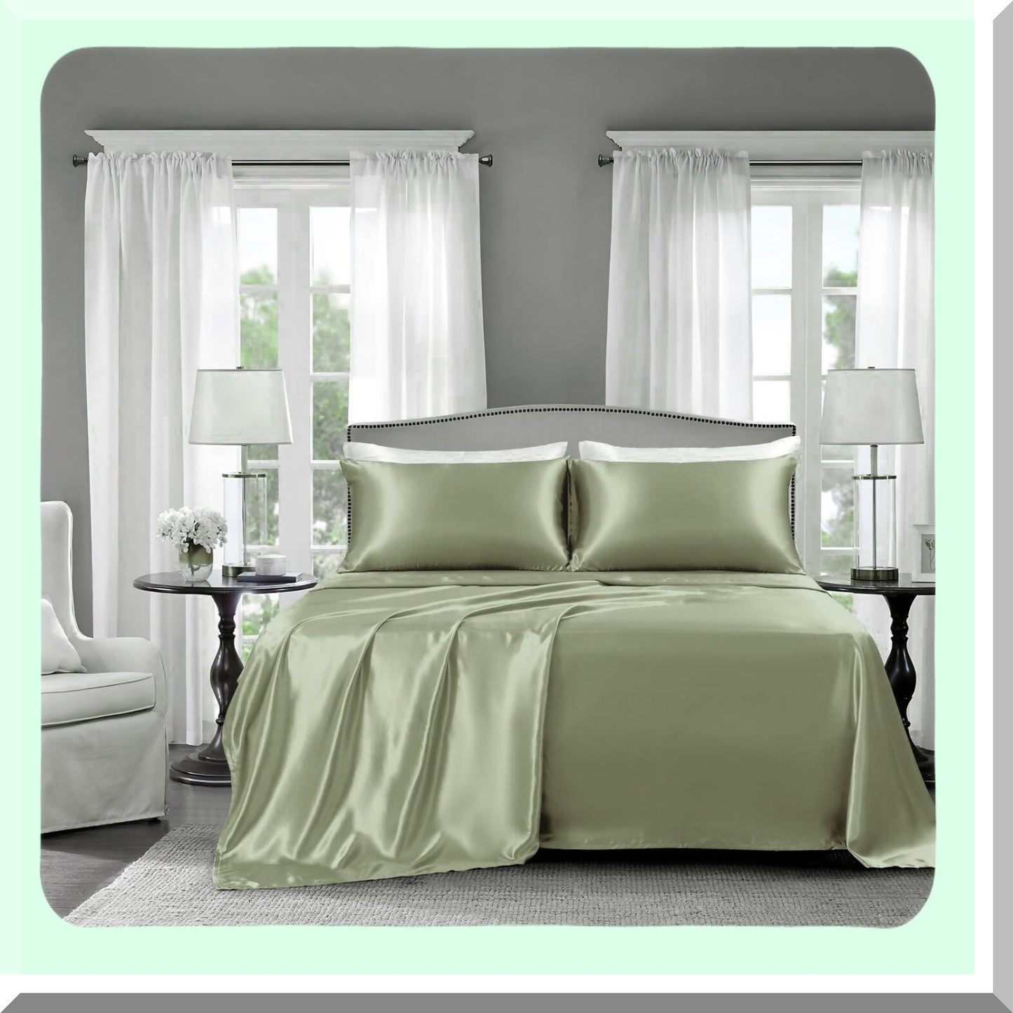 Luxury Silky Sage Green Bed Sheet Set - Wrinkle-Free Full Size 4-Piece Silk Sheets with Deep Pocket Fitted Sheet, Flat Sheet, Pillow Cases - Soft Silk Bedding