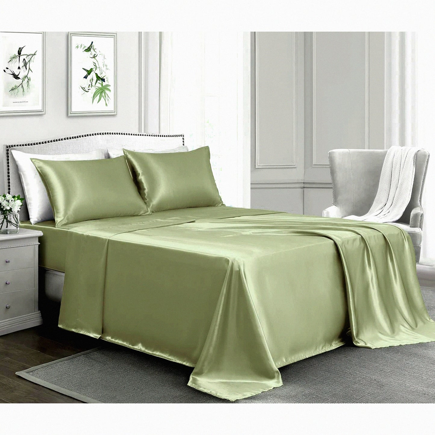 Luxury Silky Sage Green Bed Sheet Set - Wrinkle-Free Full Size 4-Piece Silk Sheets with Deep Pocket Fitted Sheet, Flat Sheet, Pillow Cases - Soft Silk Bedding