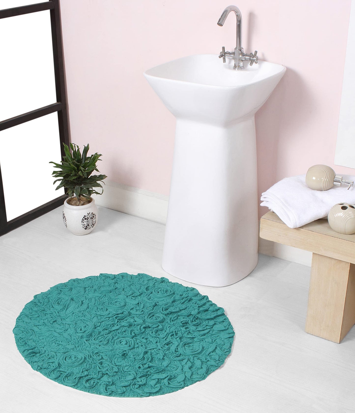 22" Round Cotton Tufted Bath Rug, Turquoise