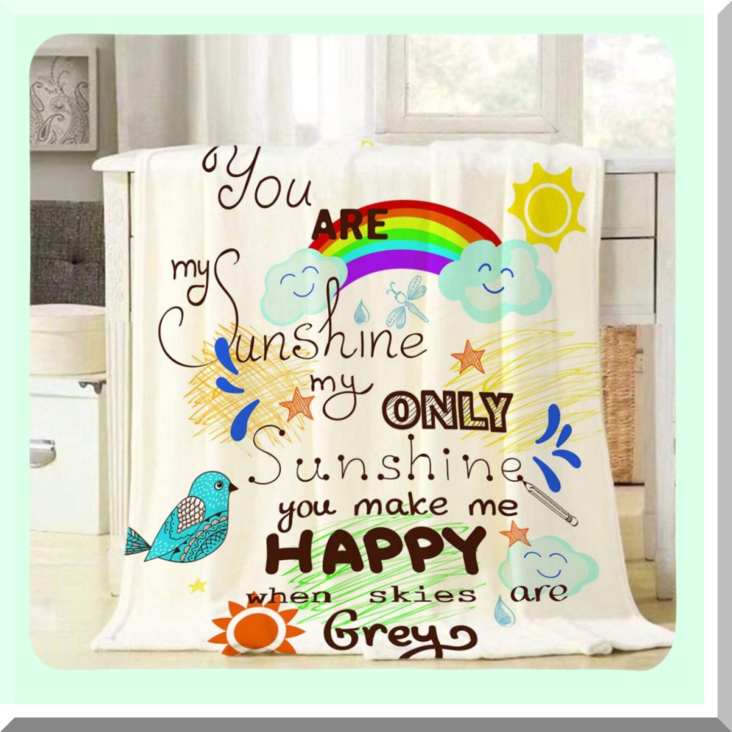 Sunshine Dreams Flannel Throw Blanket - Soft, Warm, and Cozy for Baby, Toddler, Dog, or Cat - 30x40 Inch Decorative Plush with Bird, Cloud, Rainbow, and Sun Design