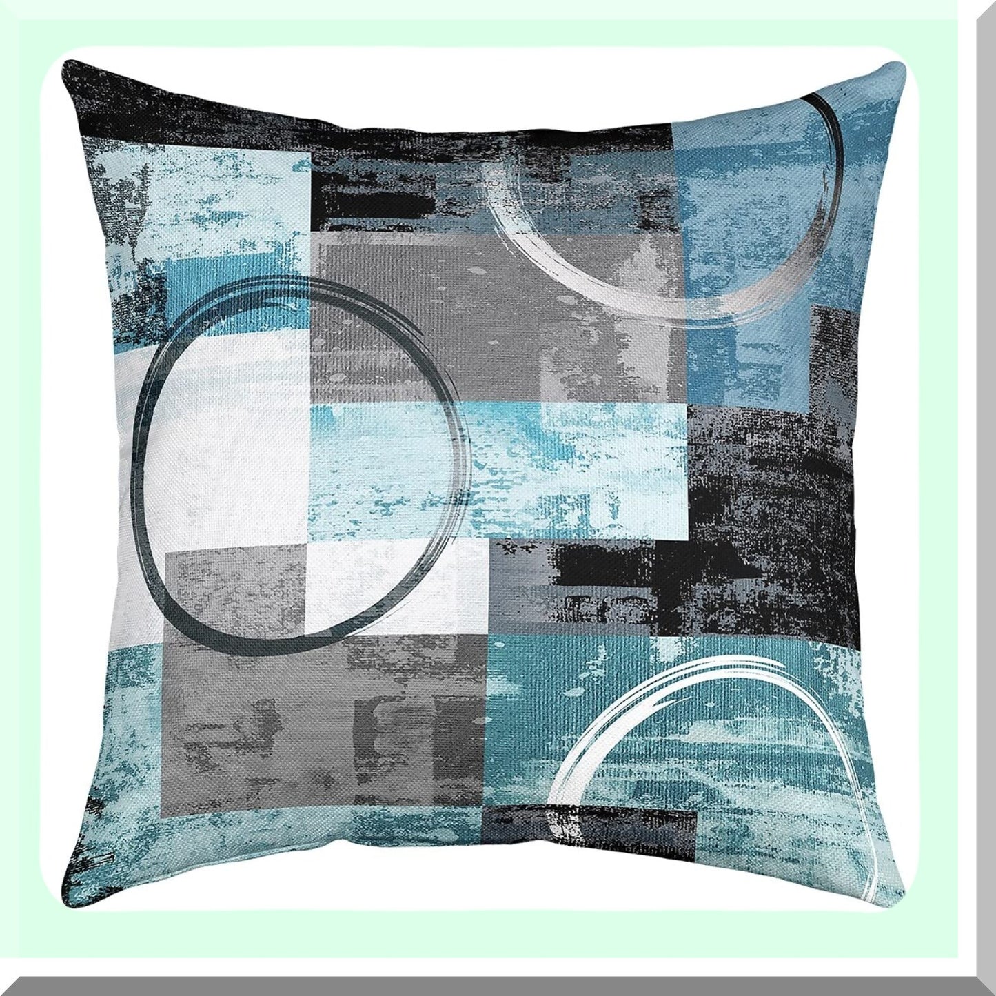 Teal Blue Ombre Circle Art Pillow Covers - Set of 4 | Modern Retro Geometric Cushion Covers | Abstract Round Painting Graffiti Design - 16x16 Grey Black Gradient