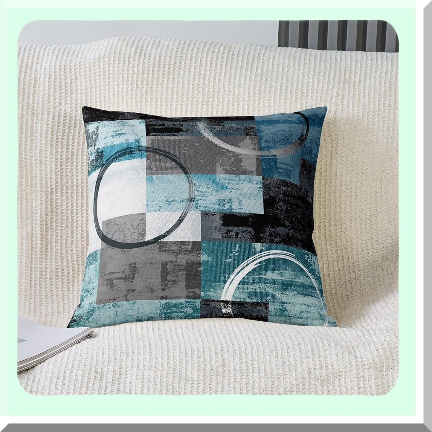 Teal Blue Ombre Circle Art Pillow Covers - Set of 4 | Modern Retro Geometric Cushion Covers | Abstract Round Painting Graffiti Design - 16x16 Grey Black Gradient