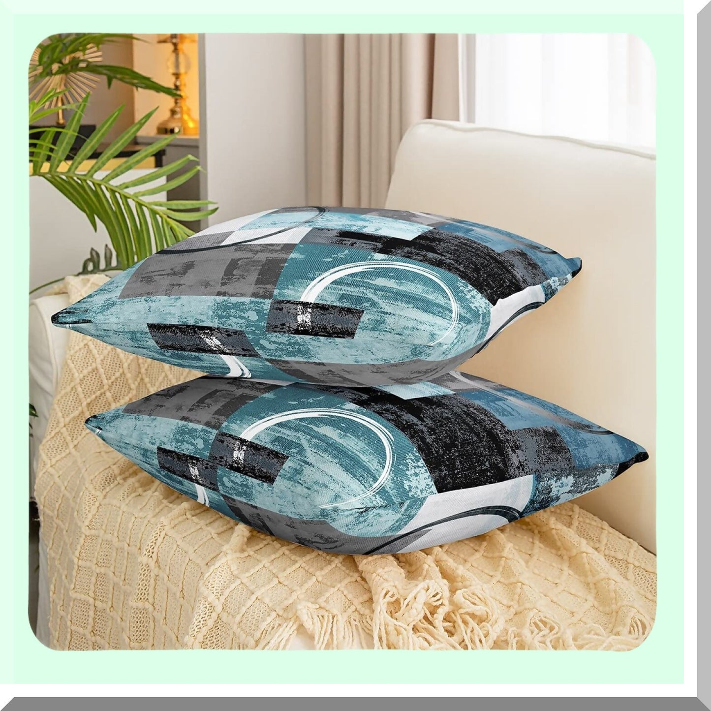 Teal Blue Ombre Circle Art Pillow Covers - Set of 4 | Modern Retro Geometric Cushion Covers | Abstract Round Painting Graffiti Design - 16x16 Grey Black Gradient