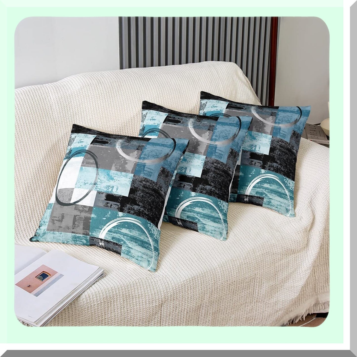 Teal Blue Ombre Circle Art Pillow Covers - Set of 4 | Modern Retro Geometric Cushion Covers | Abstract Round Painting Graffiti Design - 16x16 Grey Black Gradient