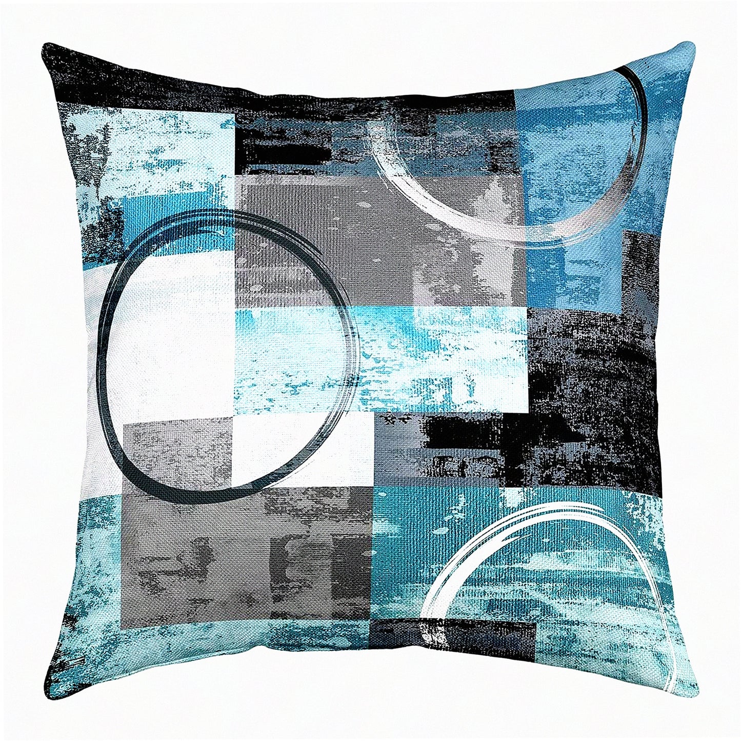 Teal Blue Ombre Circle Art Pillow Covers - Set of 4 | Modern Retro Geometric Cushion Covers | Abstract Round Painting Graffiti Design - 16x16 Grey Black Gradient