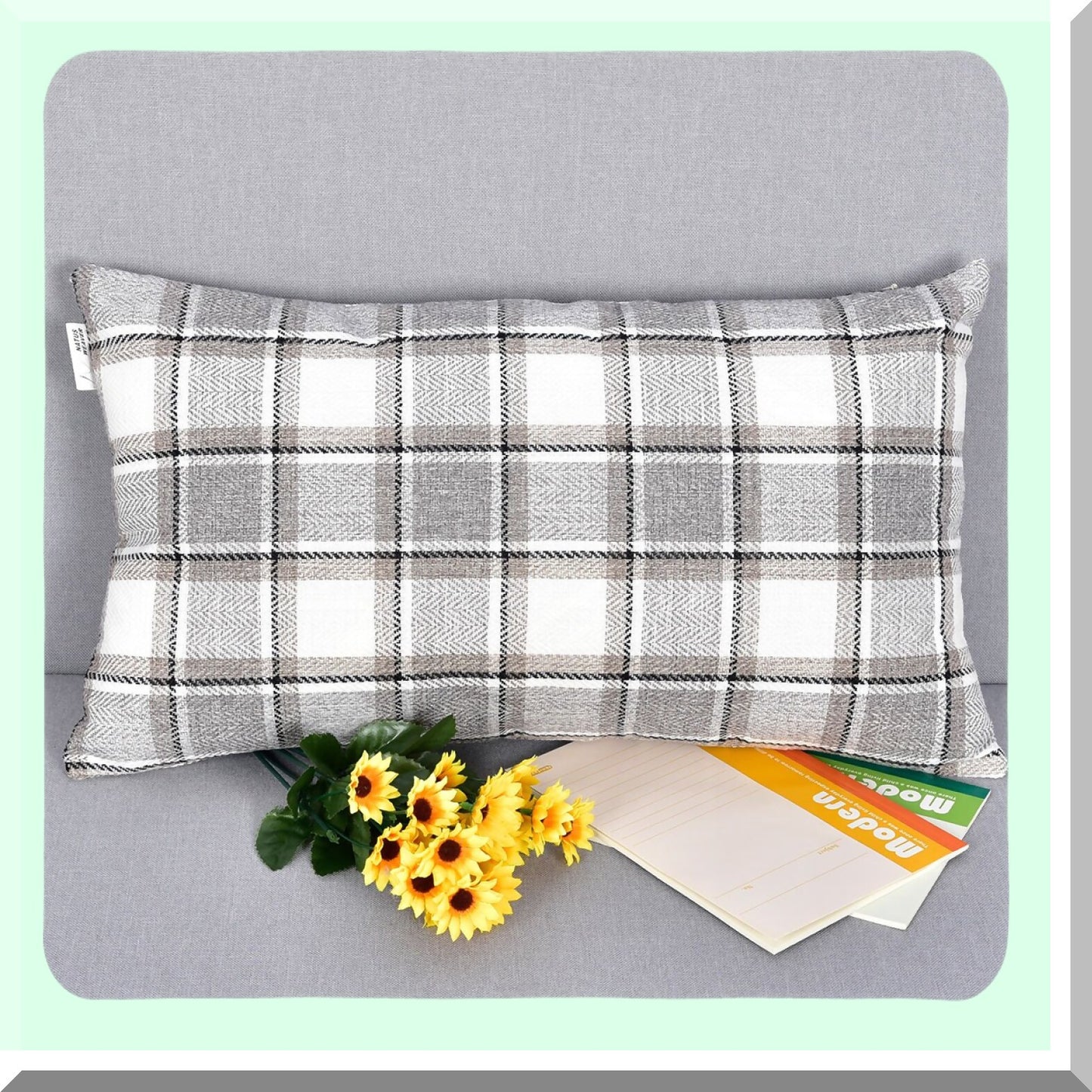 Cool Stripe Check Linen Pillowcase Set - Soft Decorative Throw Cushion Covers with Hidden Zipper for Sofa - 12" x 20" Gray Multi Color - Pack of 2