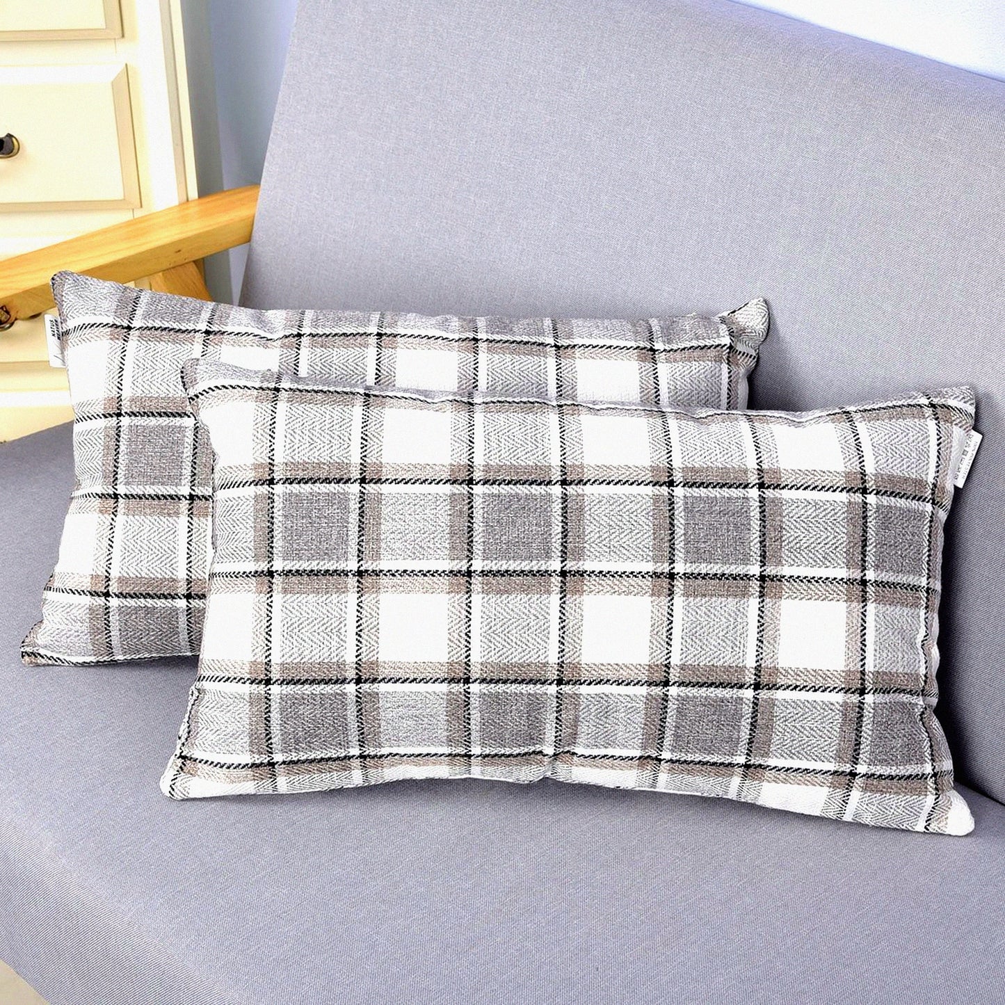 Cool Stripe Check Linen Pillowcase Set - Soft Decorative Throw Cushion Covers with Hidden Zipper for Sofa - 12" x 20" Gray Multi Color - Pack of 2