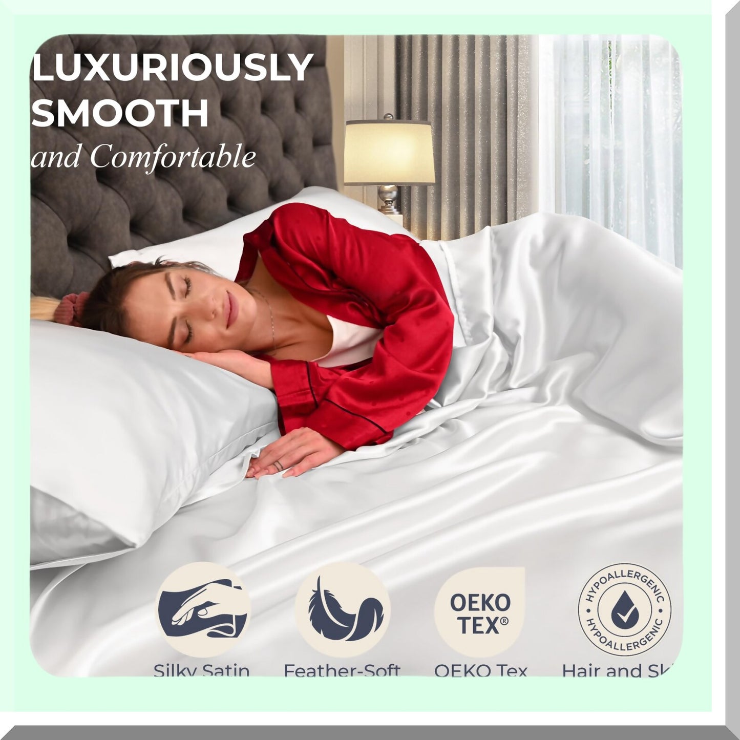 SilkLux Queen Bed Set - 6pcs Luxurious All-Season Silky Soft Sheets for Elegant and Comfy Sleep Experience. Wrinkle-Free White Bedding Set.