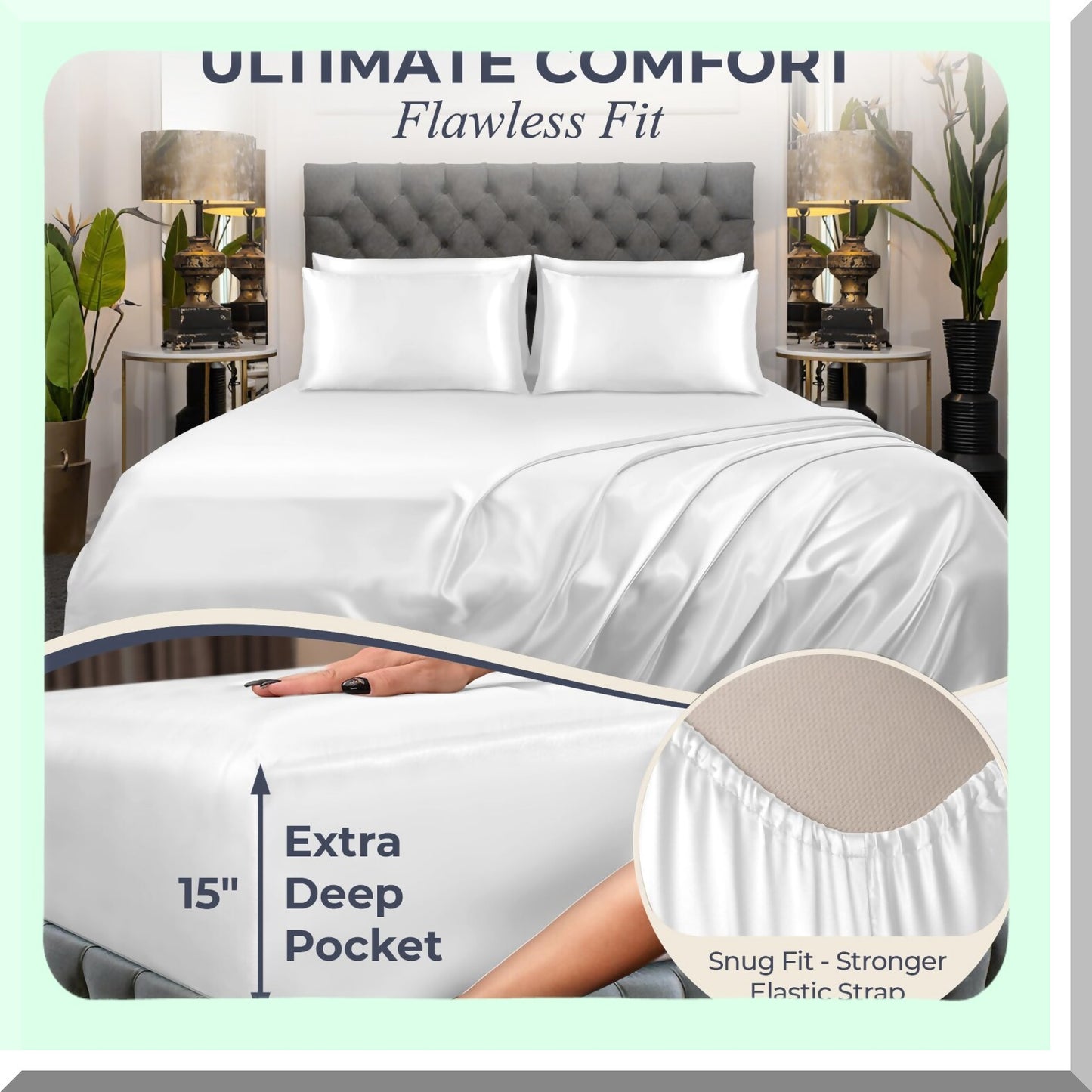 SilkLux Queen Bed Set - 6pcs Luxurious All-Season Silky Soft Sheets for Elegant and Comfy Sleep Experience. Wrinkle-Free White Bedding Set.