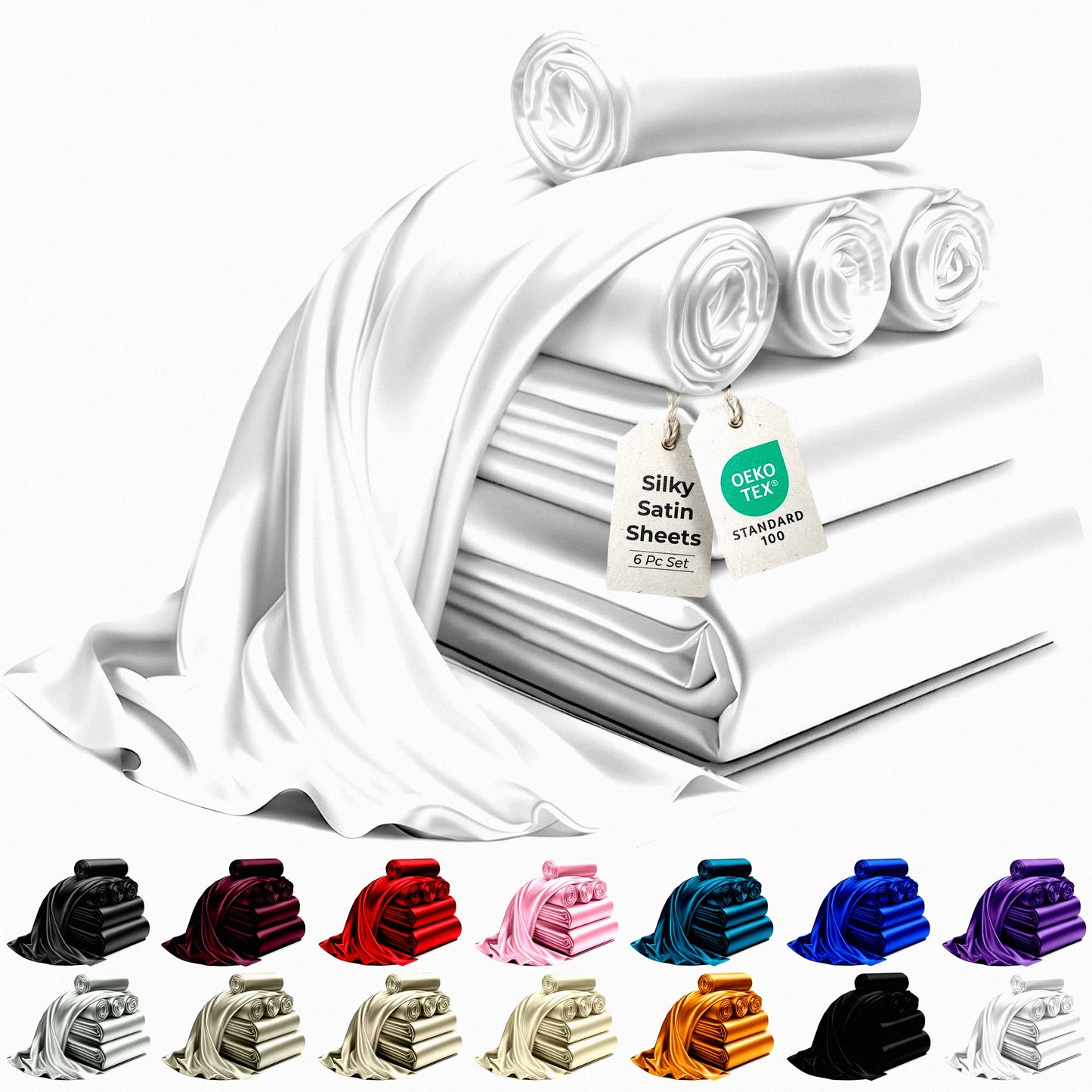 SilkLux Queen Bed Set - 6pcs Luxurious All-Season Silky Soft Sheets for Elegant and Comfy Sleep Experience. Wrinkle-Free White Bedding Set.