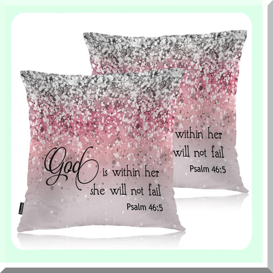 Divine Protection Pillow Covers - Set of 2 Bible Quote Cushion Cases for Home Decor, Sofa, Couch, Bed, Car - 18x18 Inch Glitter Pink Design
