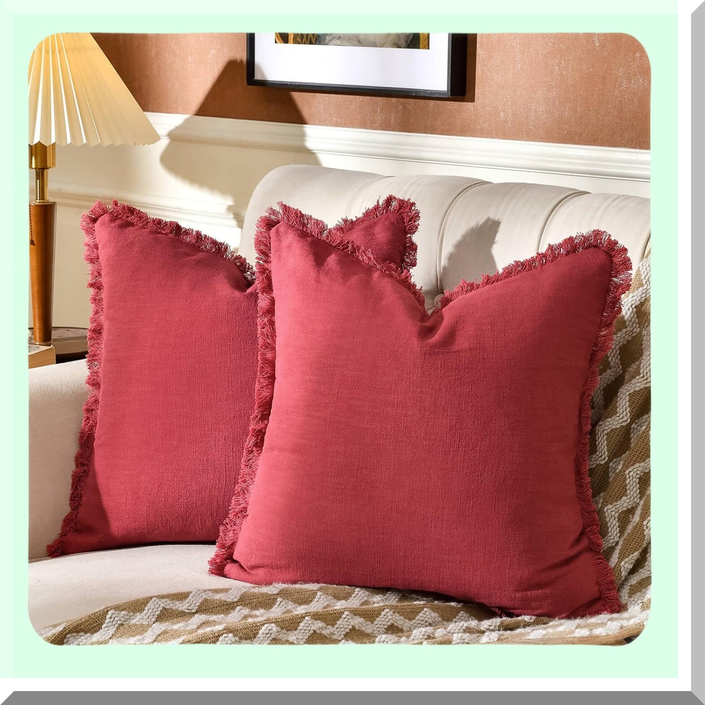 Rustic Linen Fringed Pillow Covers - Set of 2 Decorative Throw Pillowcases for Couch Sofa Bedroom - 20 x 20-Inch Jester Red Cushion Cover