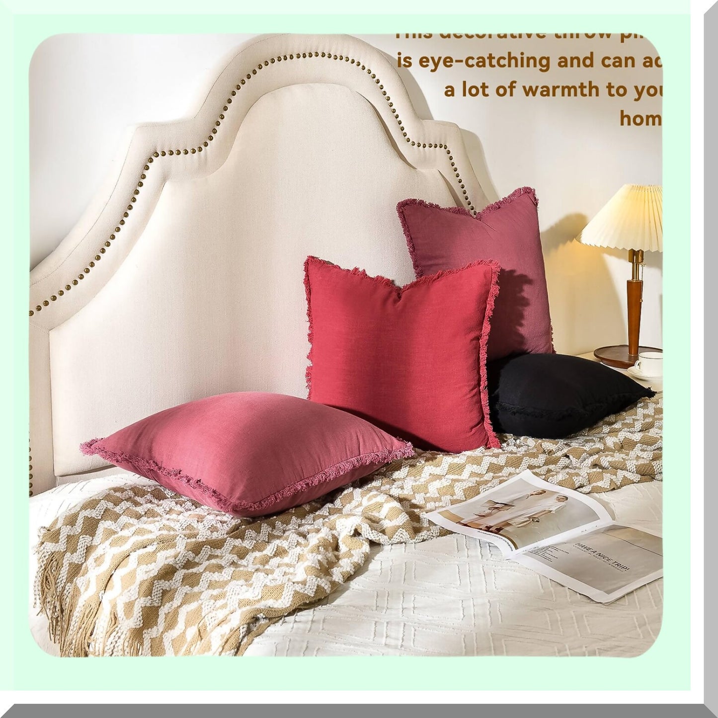 Rustic Linen Fringed Pillow Covers - Set of 2 Decorative Throw Pillowcases for Couch Sofa Bedroom - 20 x 20-Inch Jester Red Cushion Cover