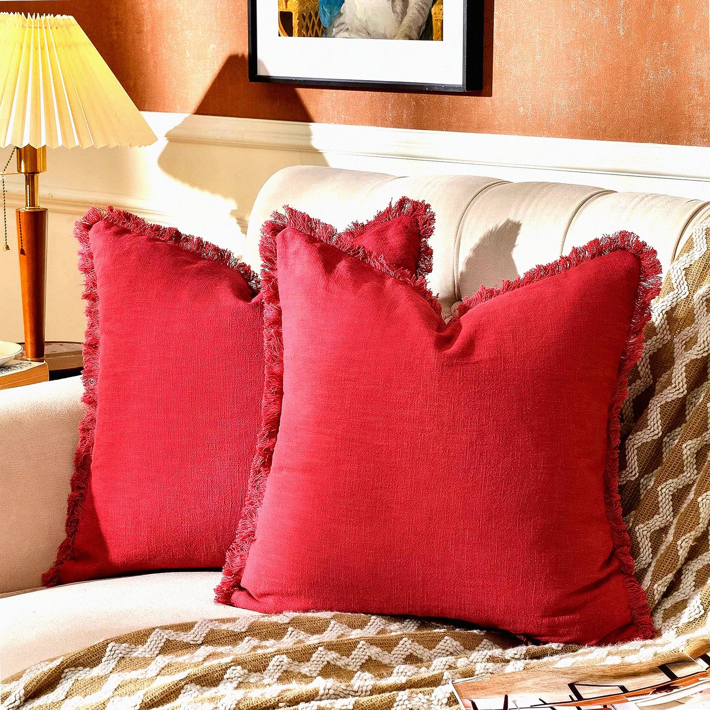 Rustic Linen Fringed Pillow Covers - Set of 2 Decorative Throw Pillowcases for Couch Sofa Bedroom - 20 x 20-Inch Jester Red Cushion Cover