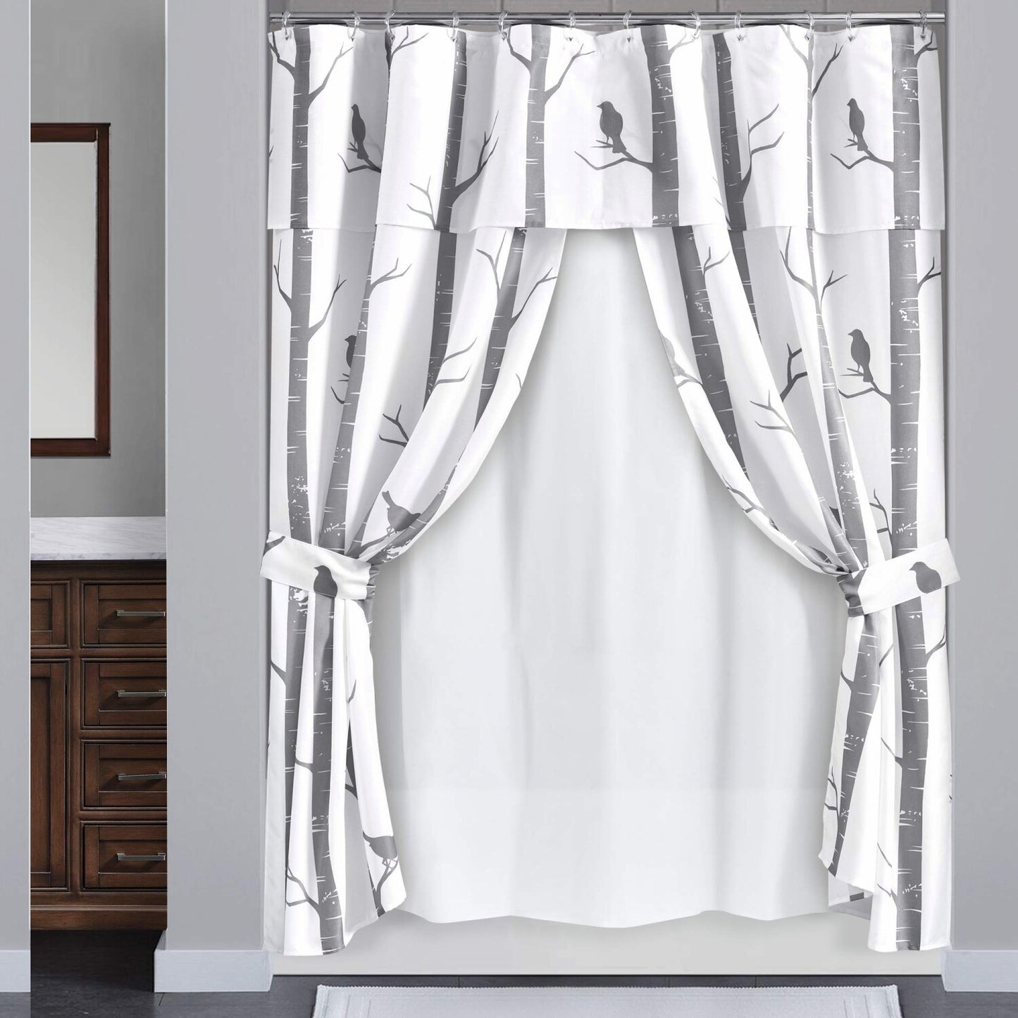 Bird On The Tree Double Swag Shower Curtain Gray 16 pcs