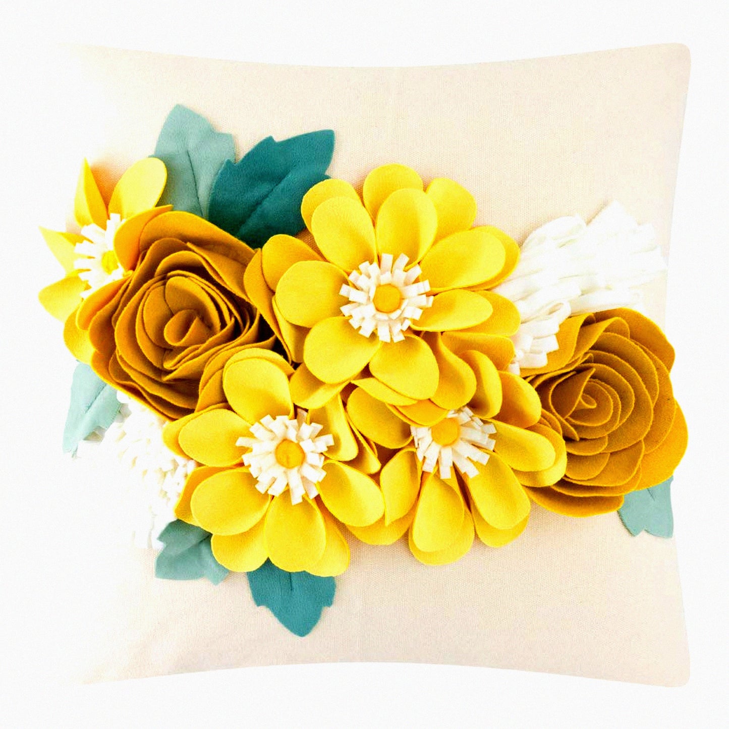 Floral Bliss 3D Pillow Cover - Creamy White Aesthetic Decorative Cushion for Home Decor - Colorful Yellow Flower Case - 18x18 Inches
