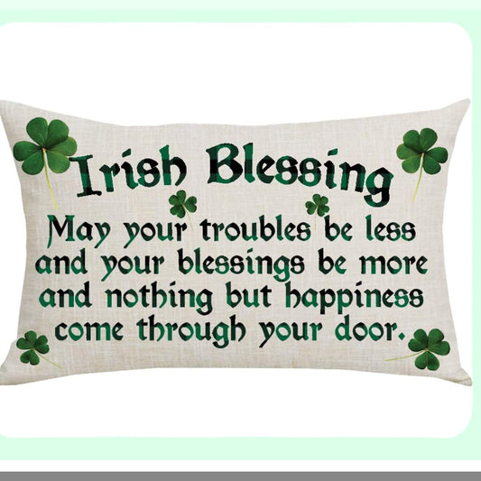 Lucky Clover Blessing Decorative Pillowcase - St. Patrick's Day Spring Home Sofa Chair Bed Decoration - Green Quote Cotton Linen Throw Pillow Cover - 12 x 20 Inches