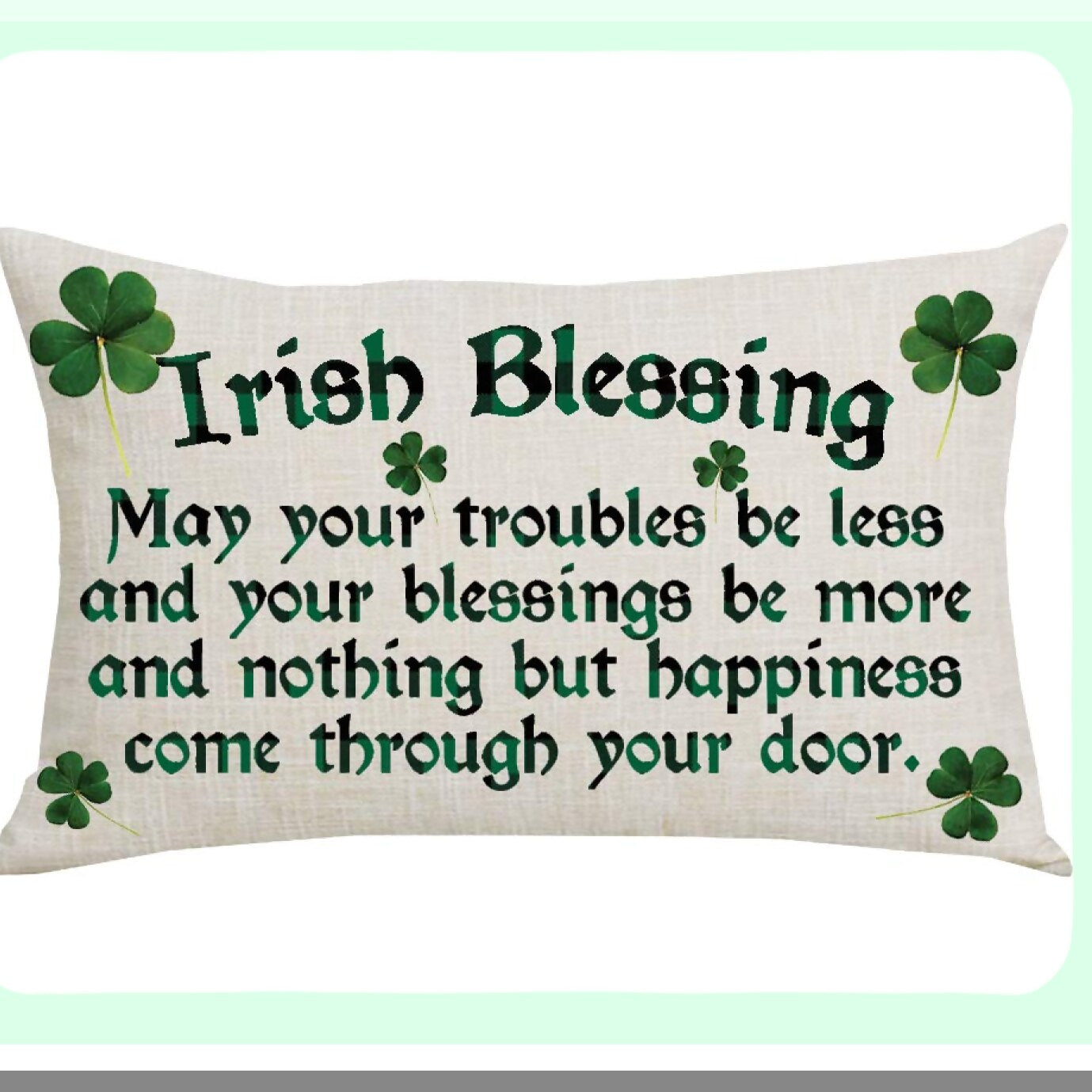 Lucky Clover Blessing Decorative Pillowcase - St. Patrick's Day Spring Home Sofa Chair Bed Decoration - Green Quote Cotton Linen Throw Pillow Cover - 12 x 20 Inches