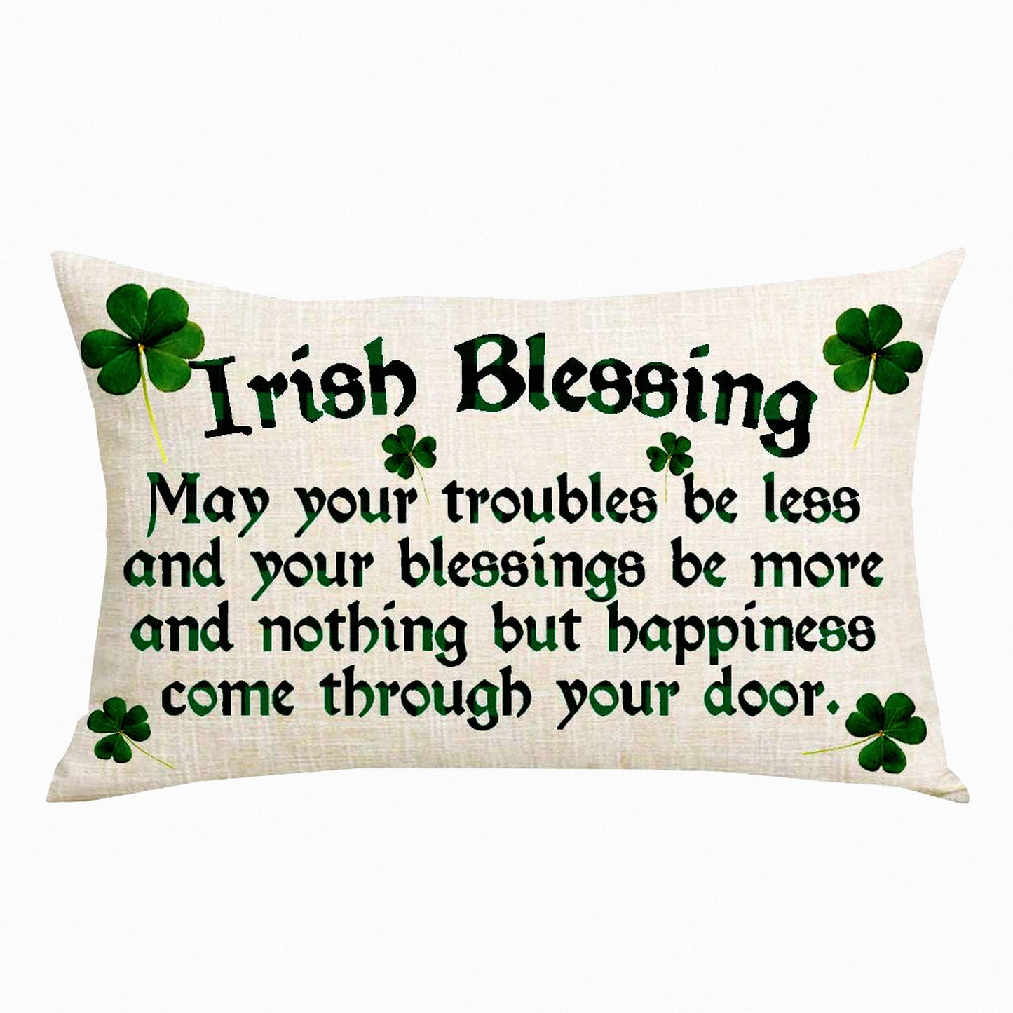 Lucky Clover Blessing Decorative Pillowcase - St. Patrick's Day Spring Home Sofa Chair Bed Decoration - Green Quote Cotton Linen Throw Pillow Cover - 12 x 20 Inches