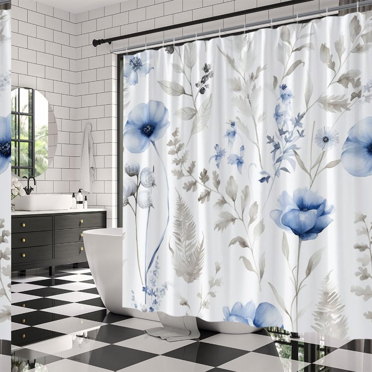 Watercolor Blue Floral Shower Curtain 70x70