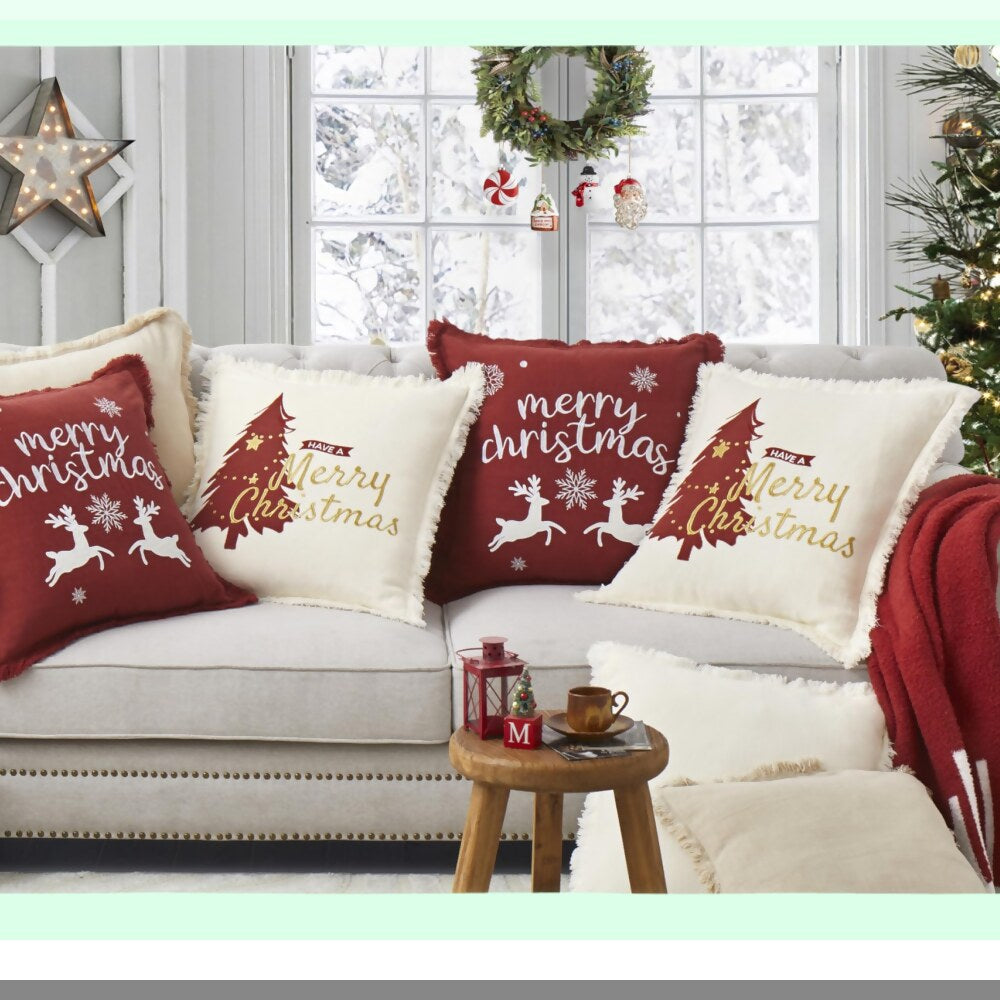 Holiday Farmhouse Linen Pillow Covers Set - Xmas Decorative Throw Cushion Cases for Sofa Couch - Merry 12x20 Inch Pack of 2