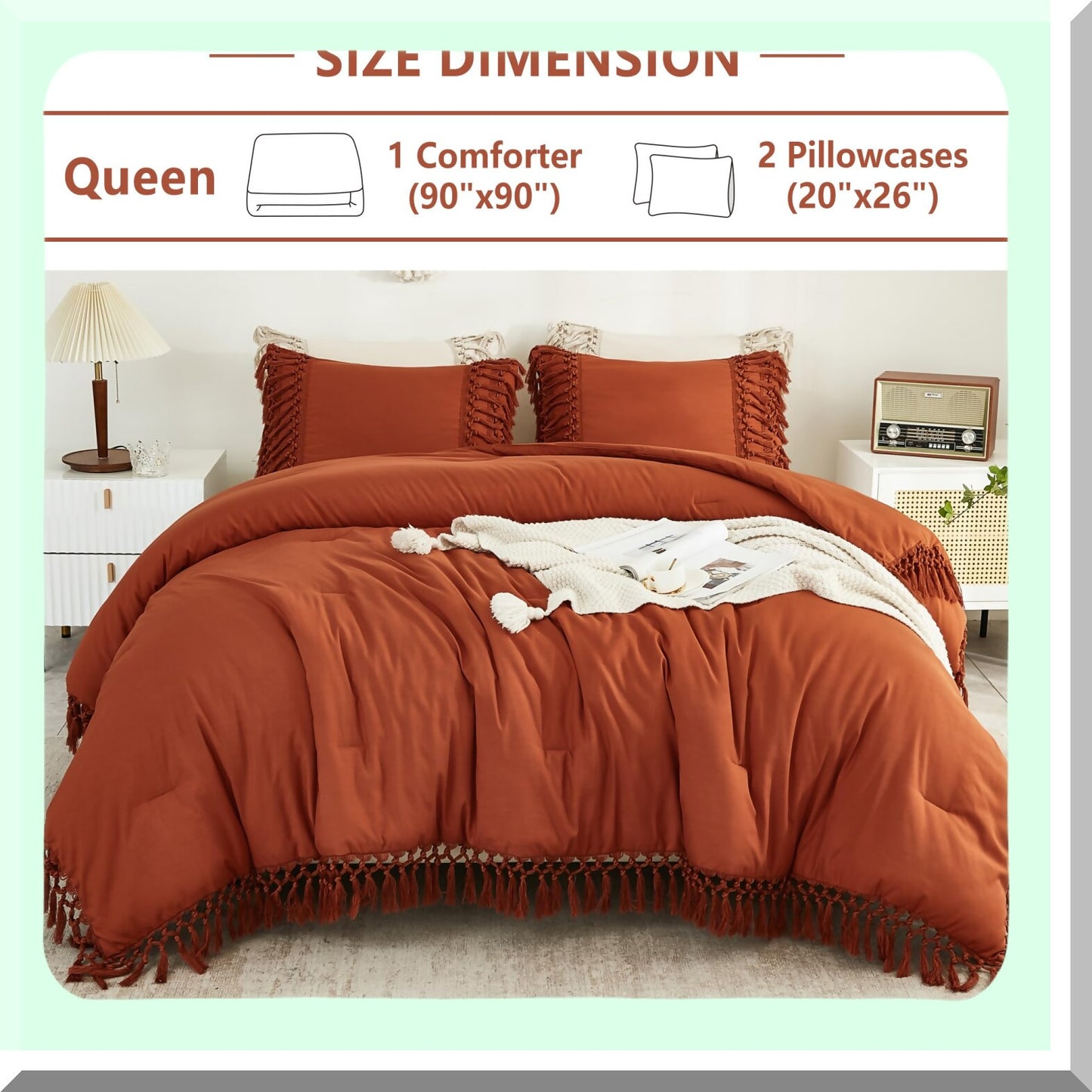 Terracotta Dream 3-Piece Comforter Set - Boho Burnt Orange Bedding with Lightweight Fall Comforter, Rust Bed Set 90x90In, 2 Pillowcases - Queen Size