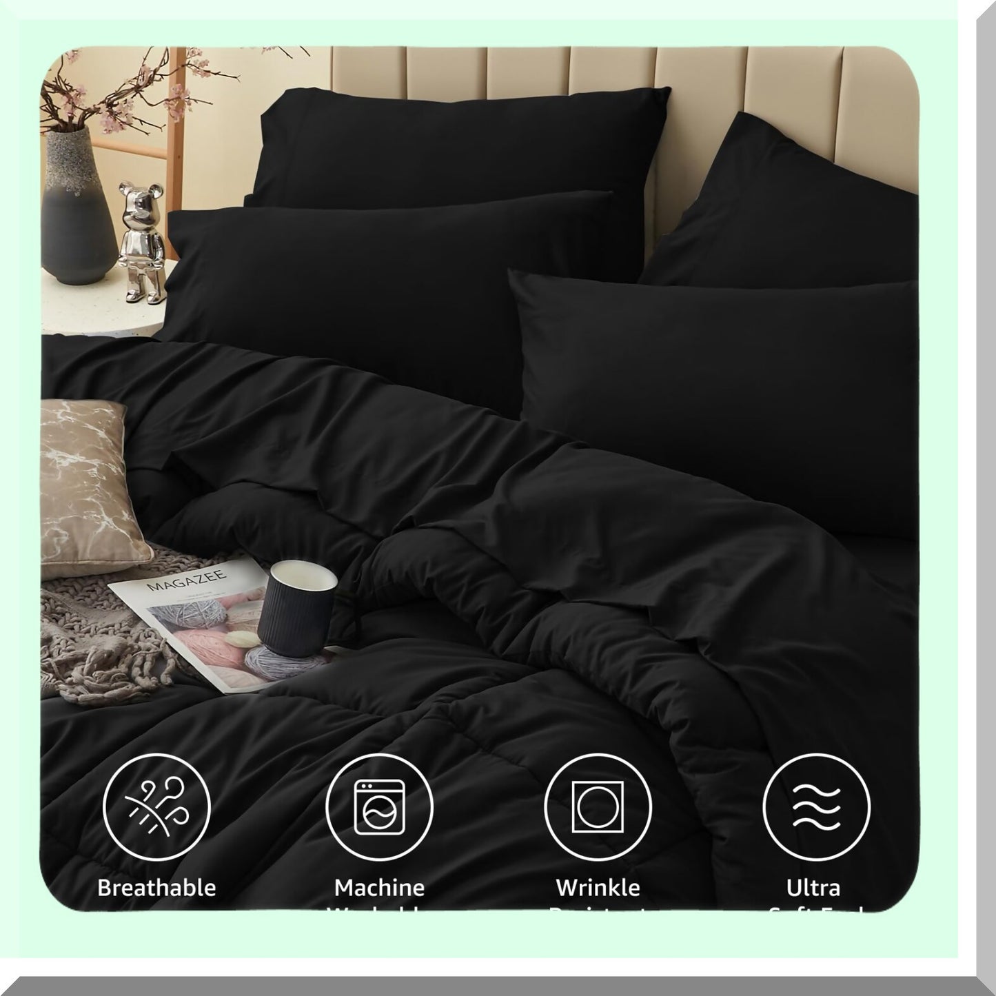 Black Diamond 7-Piece Bedding Set - Queen Size Comforter, Flat Sheet, Fitted Sheet, Pillowcases - All Season Quilted Comforter - Full Comforter Set