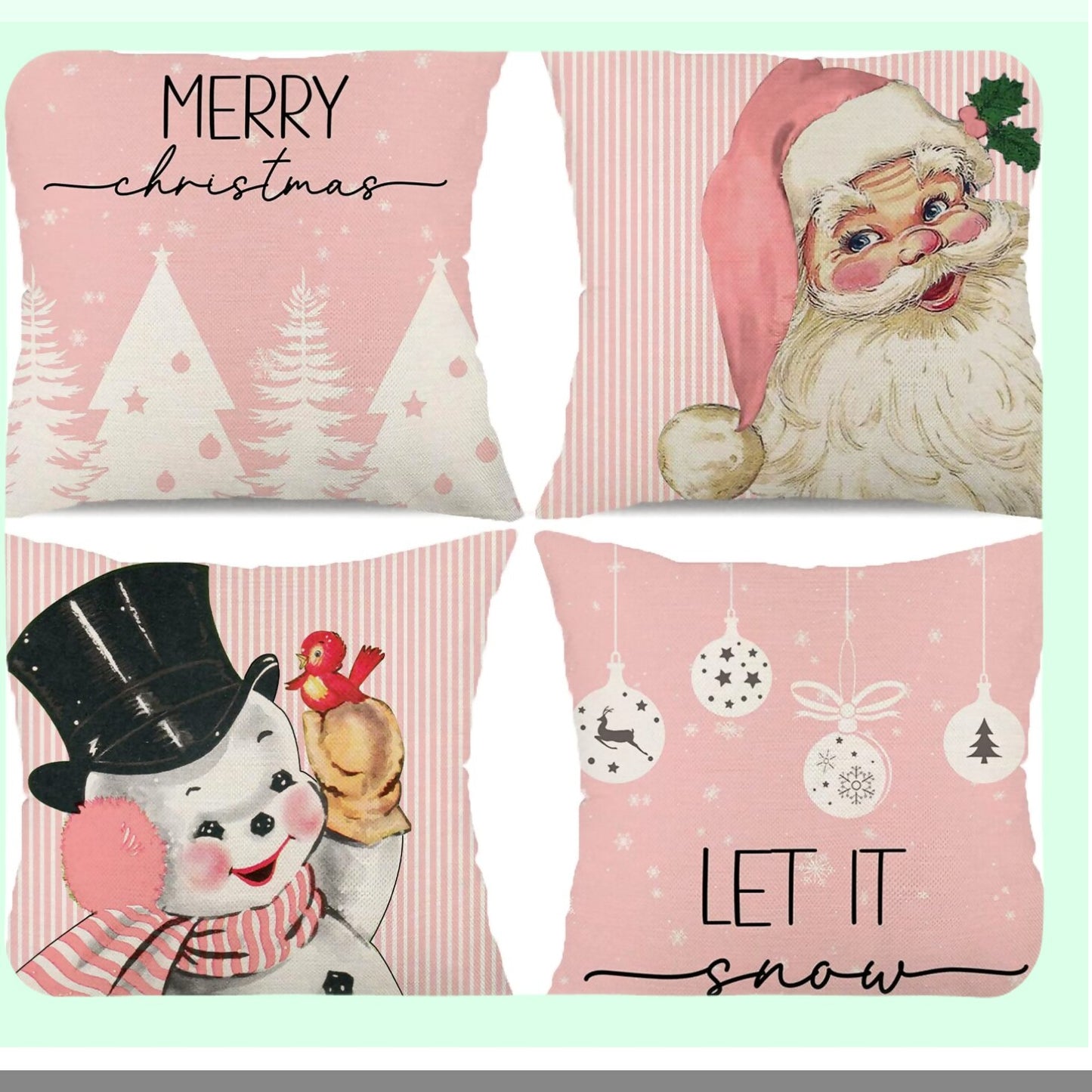Winter Wonderland Pillow Covers - Set of 4 Pink Stripes Snowman Snowflake Merry Tree Decorations. Let It Snow Hello Winter Holiday Pillows for Sofa.