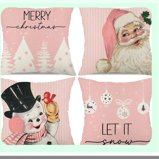 Winter Wonderland Pillow Covers - Set of 4 Pink Stripes Snowman Snowflake Merry Tree Decorations. Let It Snow Hello Winter Holiday Pillows for Sofa.