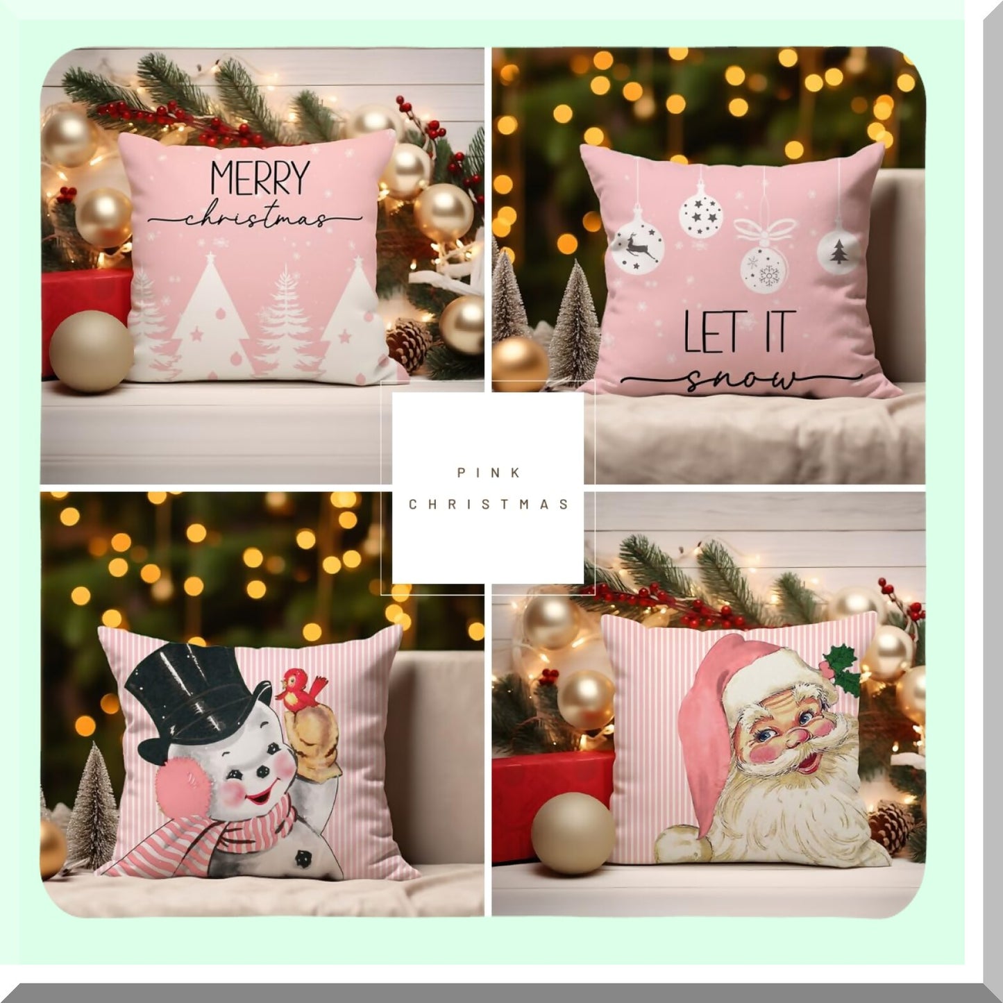 Winter Wonderland Pillow Covers - Set of 4 Pink Stripes Snowman Snowflake Merry Tree Decorations. Let It Snow Hello Winter Holiday Pillows for Sofa.