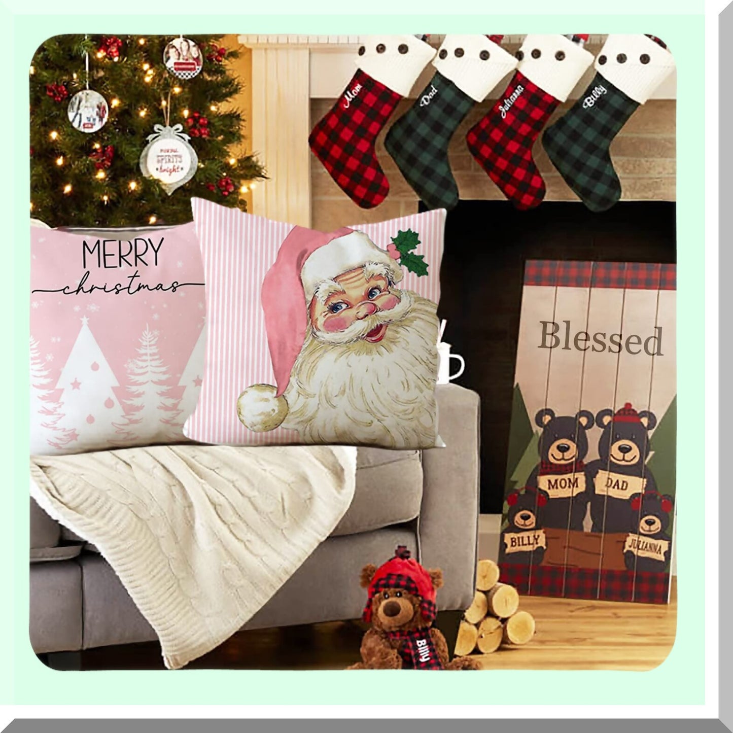 Winter Wonderland Pillow Covers - Set of 4 Pink Stripes Snowman Snowflake Merry Tree Decorations. Let It Snow Hello Winter Holiday Pillows for Sofa.