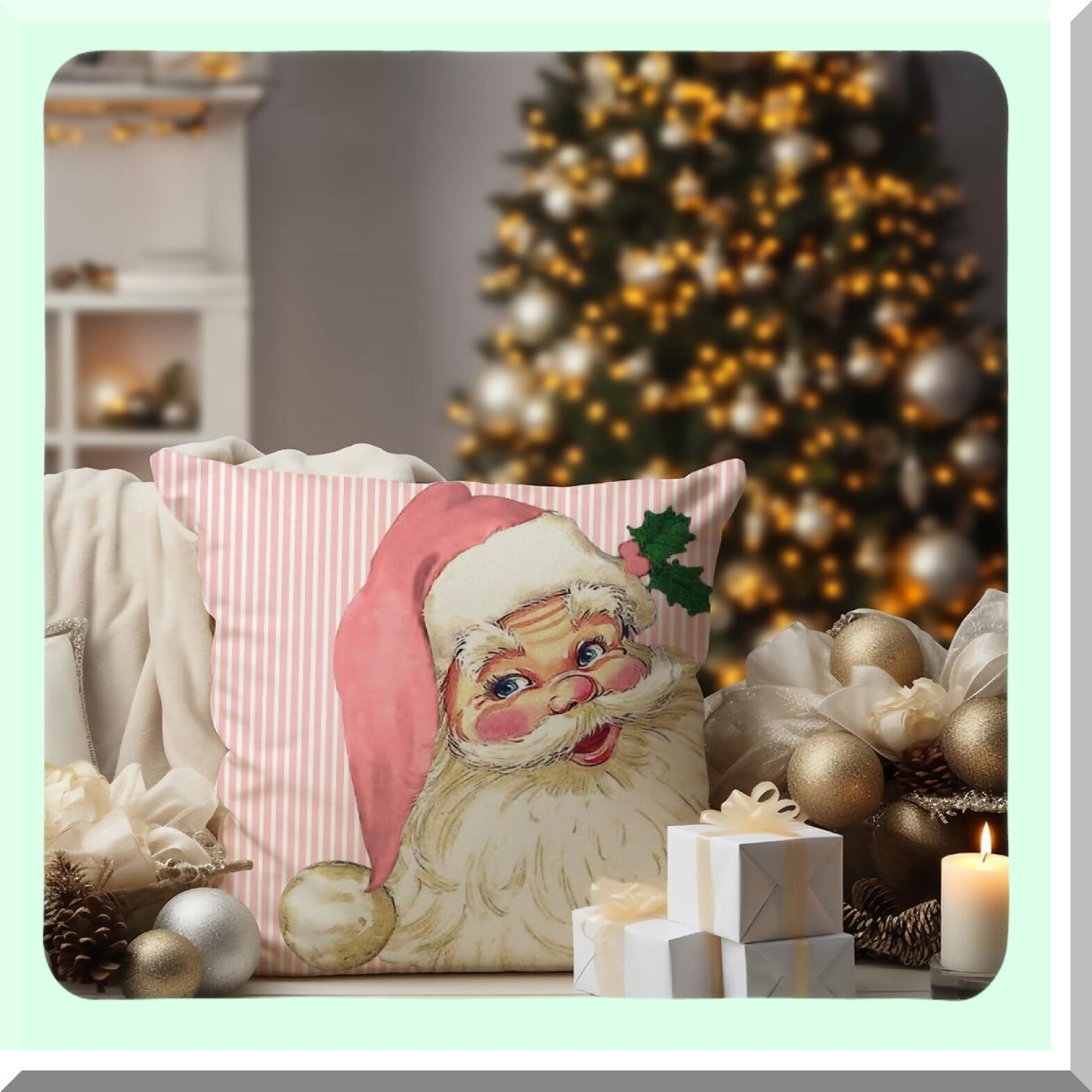 Winter Wonderland Pillow Covers - Set of 4 Pink Stripes Snowman Snowflake Merry Tree Decorations. Let It Snow Hello Winter Holiday Pillows for Sofa.