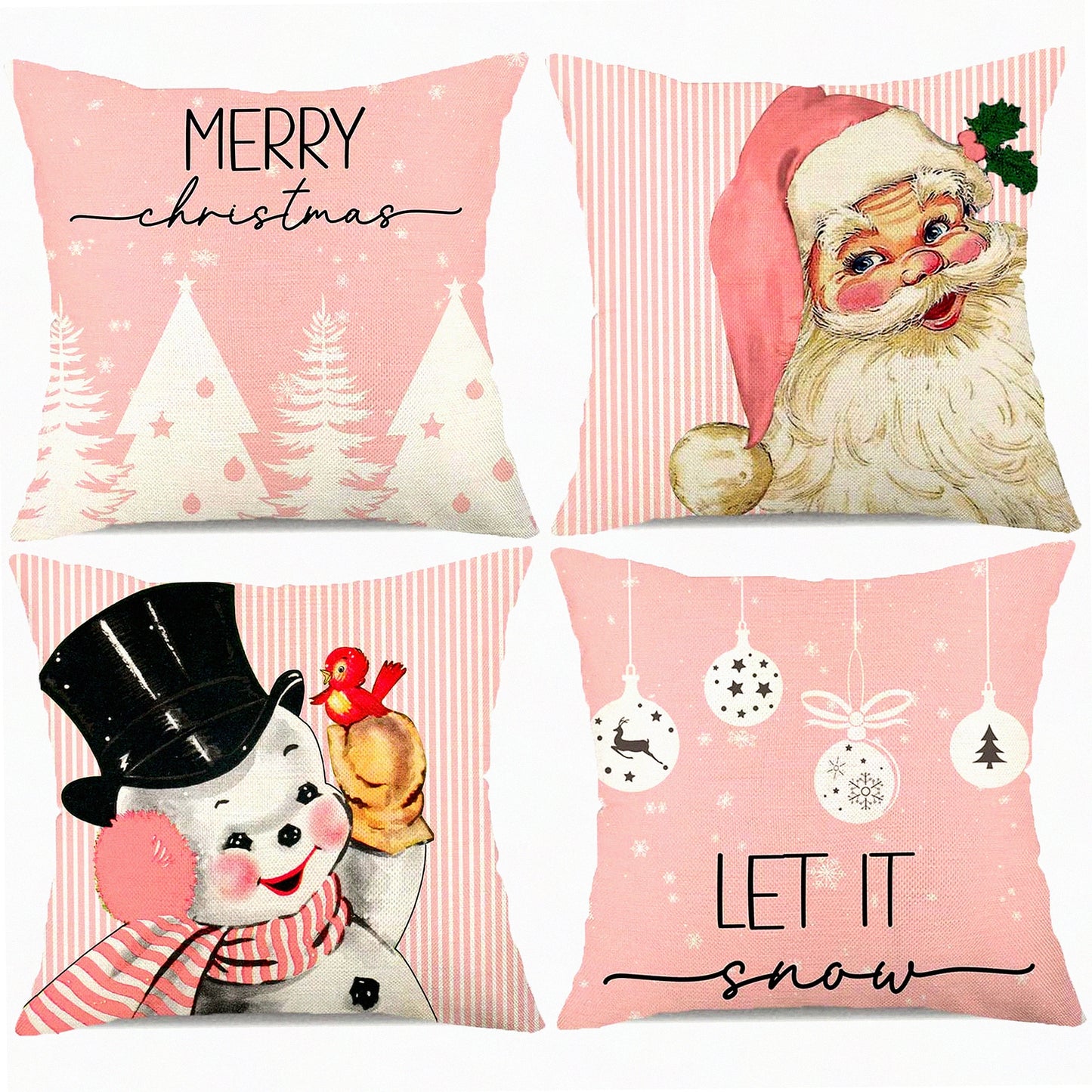 Winter Wonderland Pillow Covers - Set of 4 Pink Stripes Snowman Snowflake Merry Tree Decorations. Let It Snow Hello Winter Holiday Pillows for Sofa.