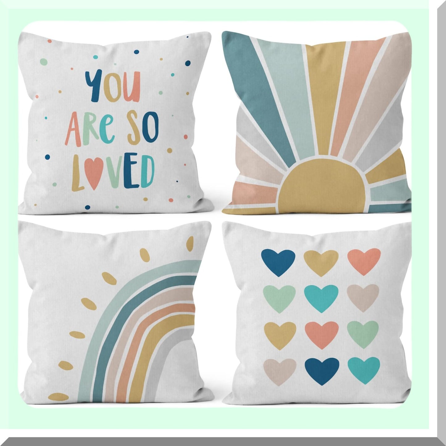 Sunshine Rainbow Boho Pillowcase Set - You are So Loved Decorative Throw Pillow Cover for Clroom Nursery Room Decor - 18 x 18 - Set of 4
