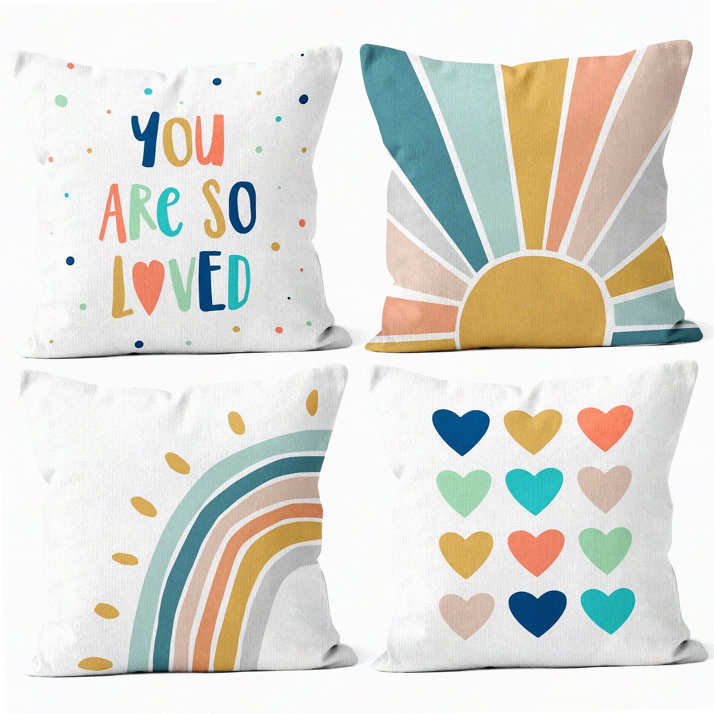 Sunshine Rainbow Boho Pillowcase Set - You are So Loved Decorative Throw Pillow Cover for Clroom Nursery Room Decor - 18 x 18 - Set of 4