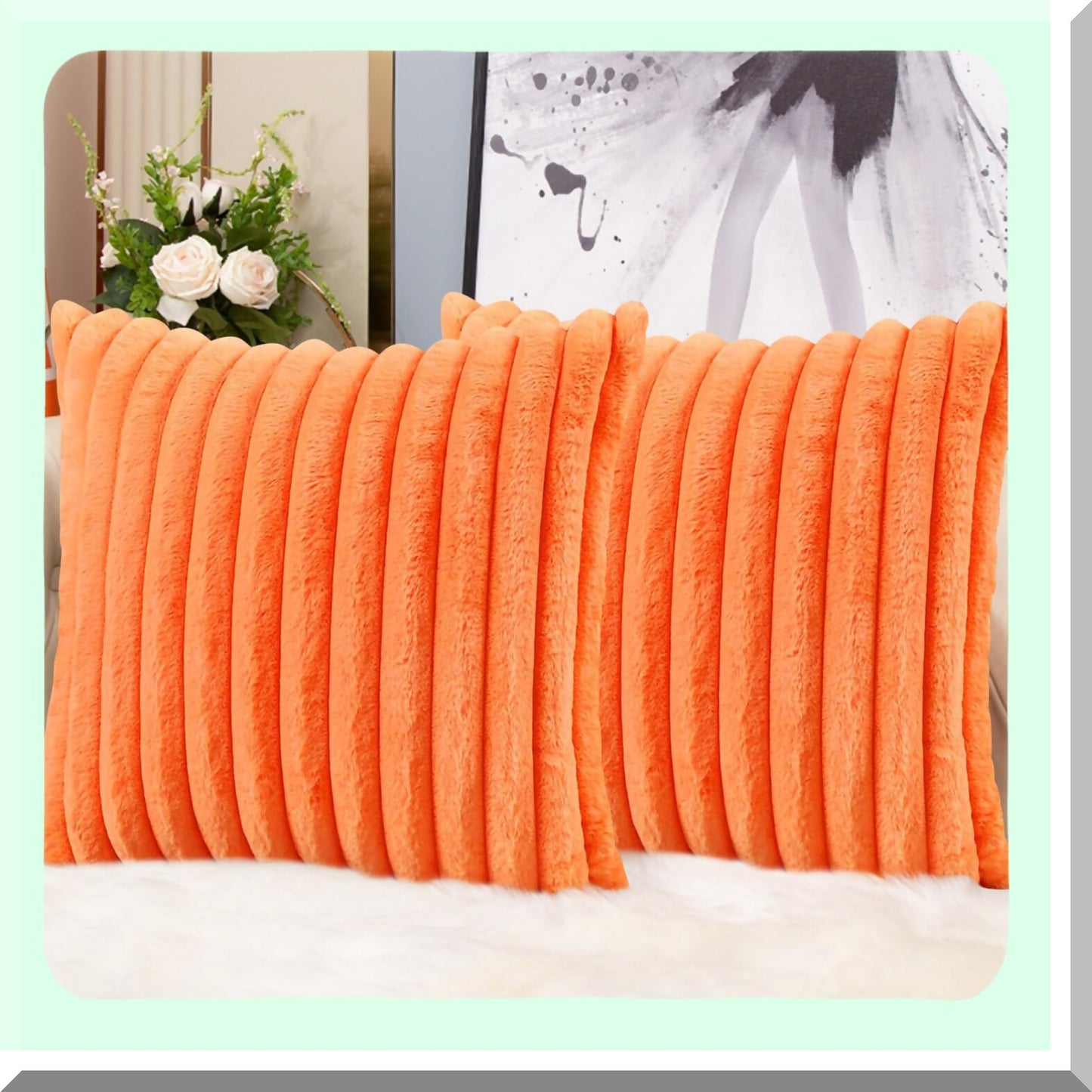 Luxury Velvet Rabbit Cushion Covers - Set of 2 Soft Decorative Throw Pillow Covers for Sofa Couch & Bedroom, 18x18 Inch, Orange Square Style