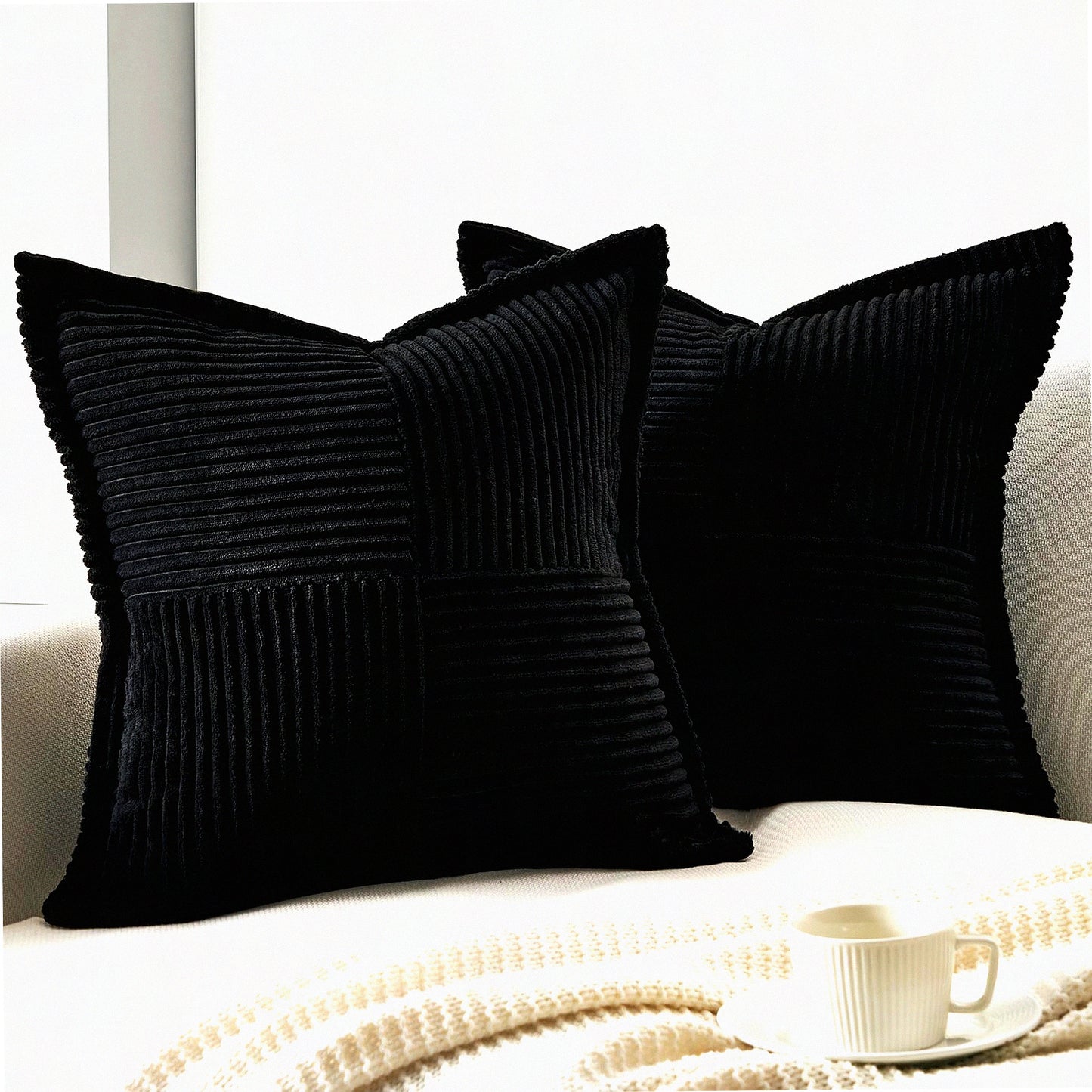 Boho Chic Corduroy Pillow Covers - Set of 2, Western Boucle Striped Cushion Cases for Living Room Decor - Fluffy Black Throw Pillows 18x18