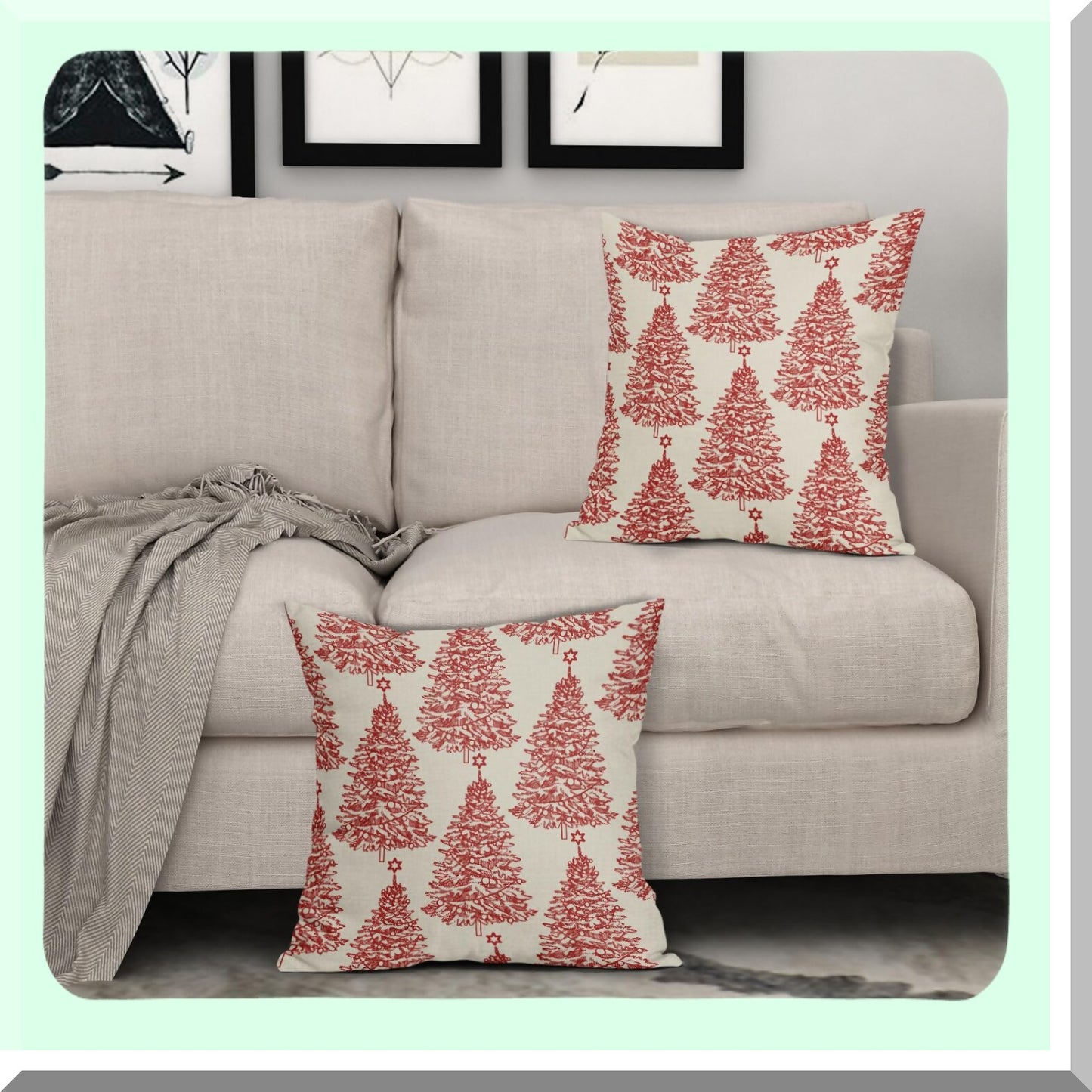Winter Wonderland Pillow Covers - Set of 2 Red Xmas Tree Star Rustic Print Outdoor Pillowcases. Farmhouse Vintage Holiday Decorations for Couch, Sofa, Bed.