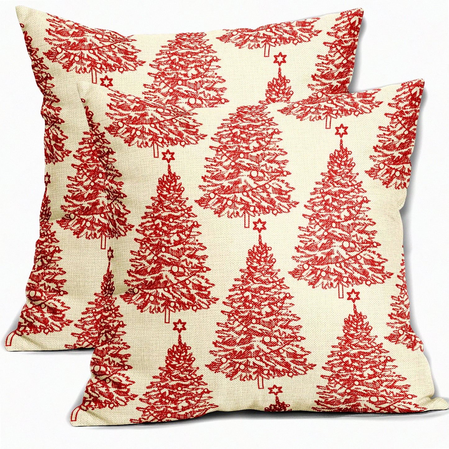 Winter Wonderland Pillow Covers - Set of 2 Red Xmas Tree Star Rustic Print Outdoor Pillowcases. Farmhouse Vintage Holiday Decorations for Couch, Sofa, Bed.